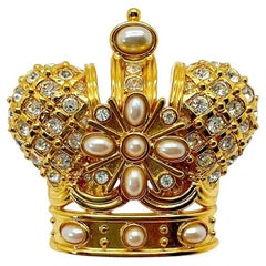 Vintage Crystal & Pearl Crown Brooch Pendant 1980s