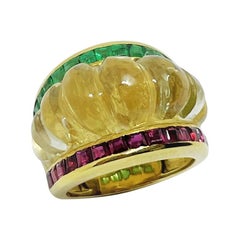 Retro Crystal Rock and Square Cut Ruby and Emerald Ring set in Yellow Gold