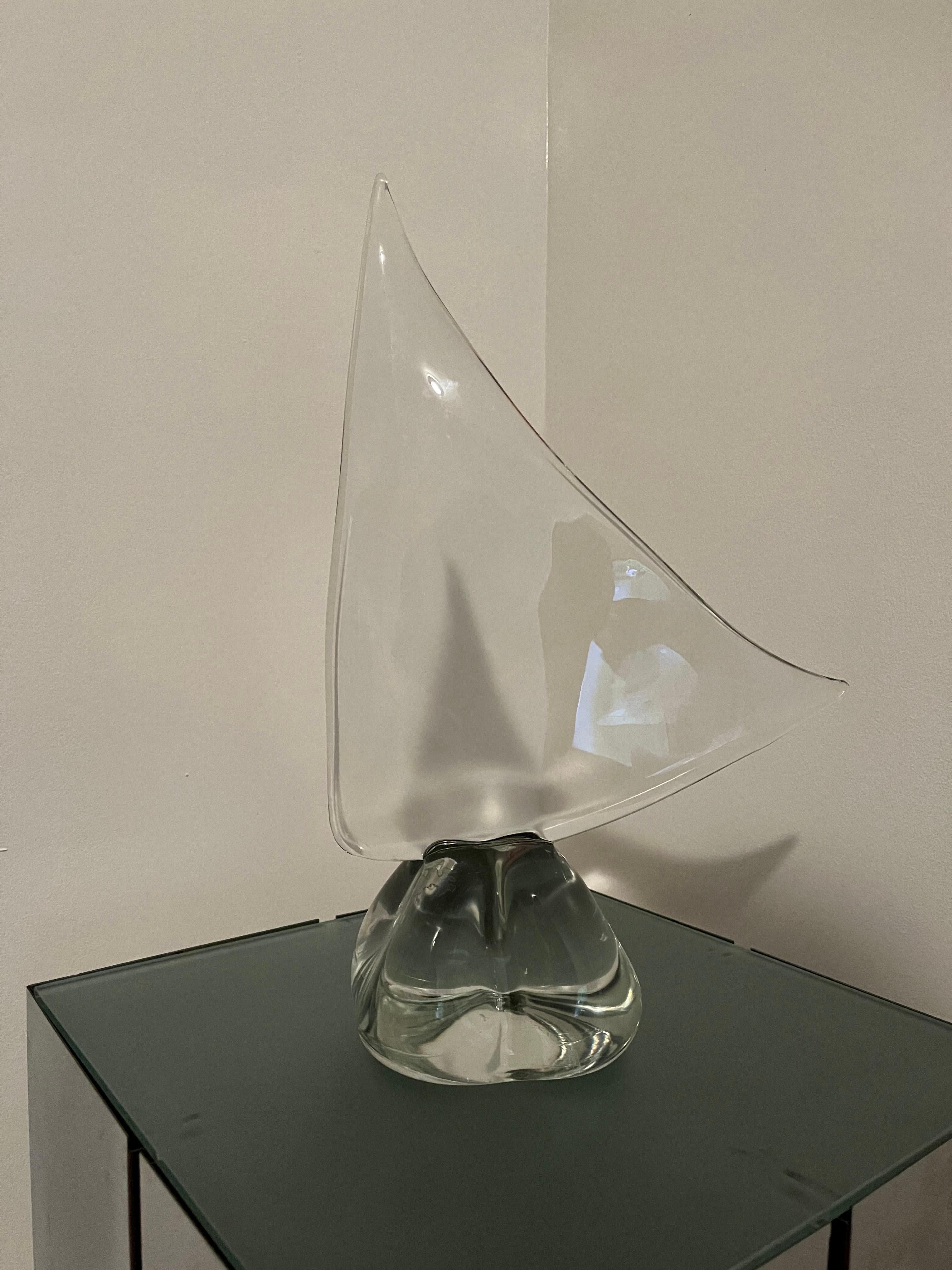 Large crystal sailboat sculpture in the manner of Daum, France, circa 1970s. Etched signature on bottom. Excellent condition. No chips or scratches.