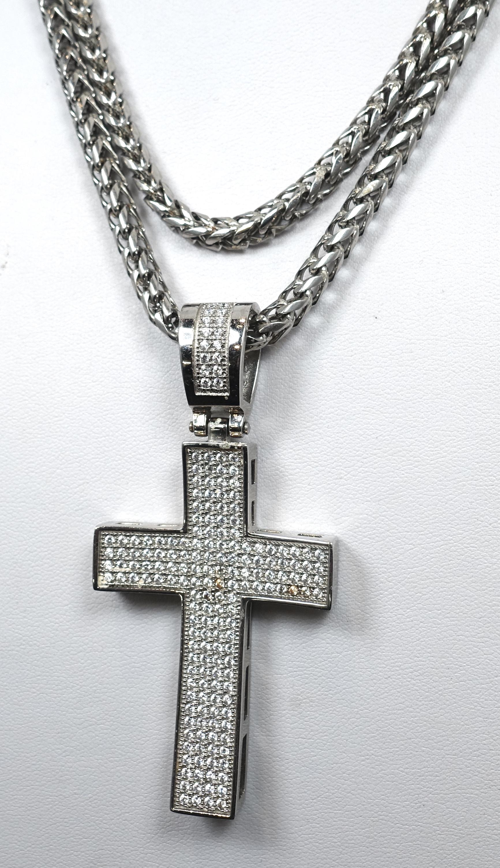 Women's or Men's Vintage Crystal & Sterling Silver Cross Pendant Necklace