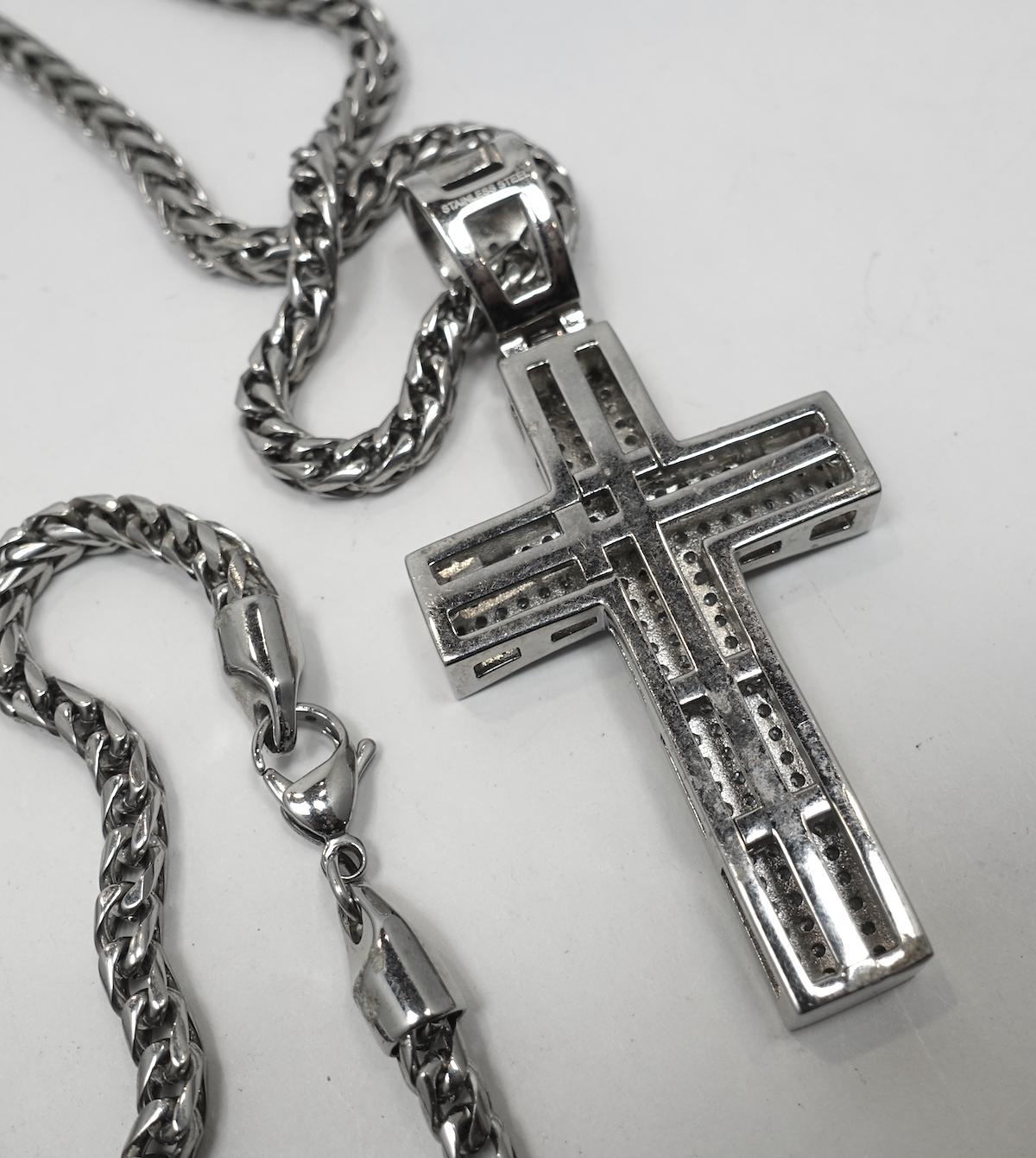 Vintage Crystal & Sterling Silver Cross Pendant Necklace 2