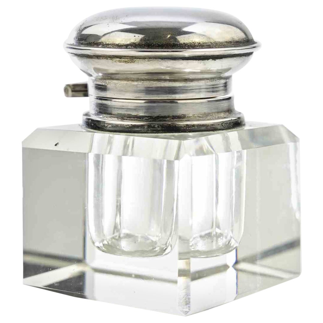 Tintero Vintage de Cristal y Plata de Ley - Accesorio de Escritorio, Años 60