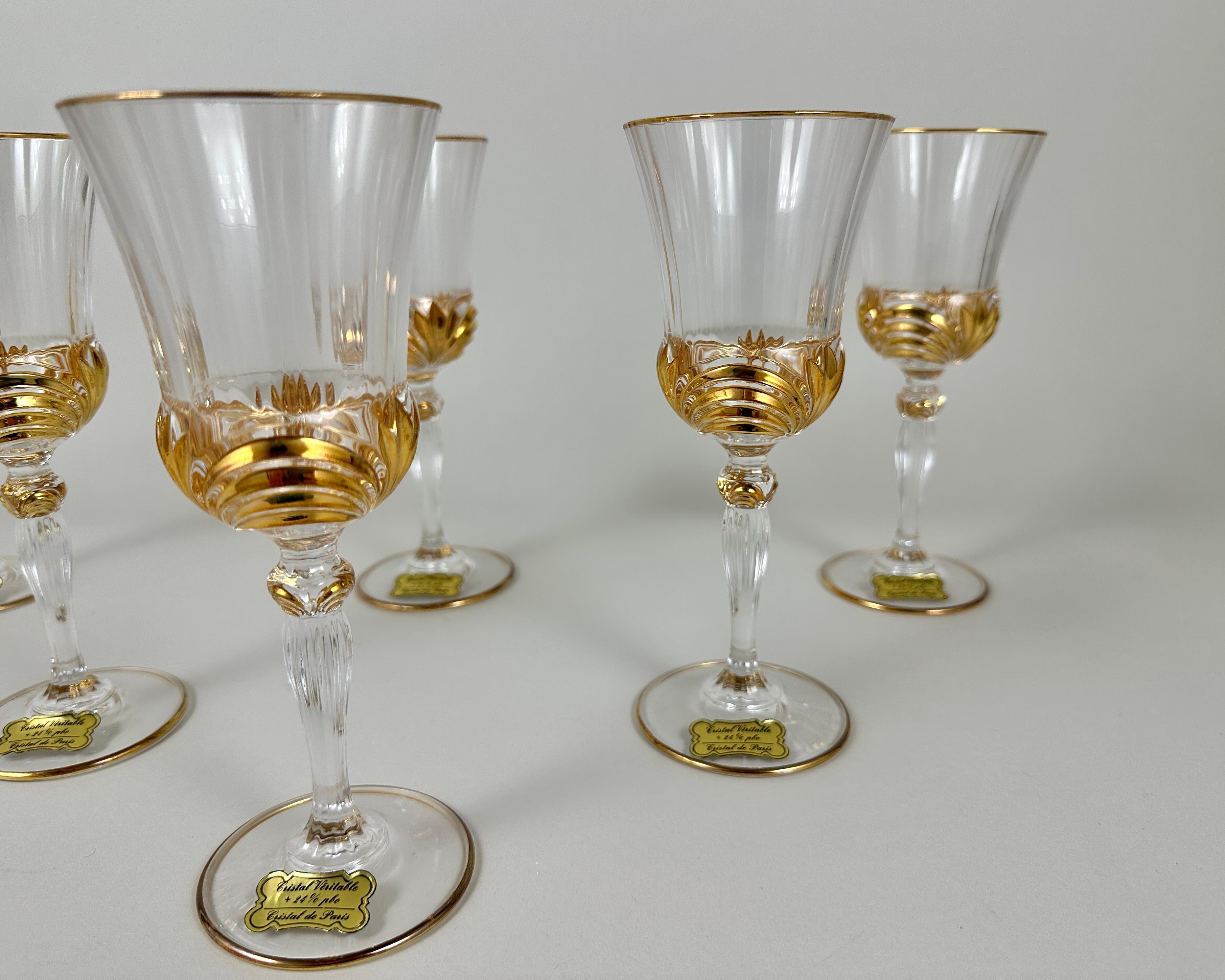 French Vintage Crystal Wine Glasses 6 Pcs, Cristal de Paris Gold Trimmed New In Box For Sale