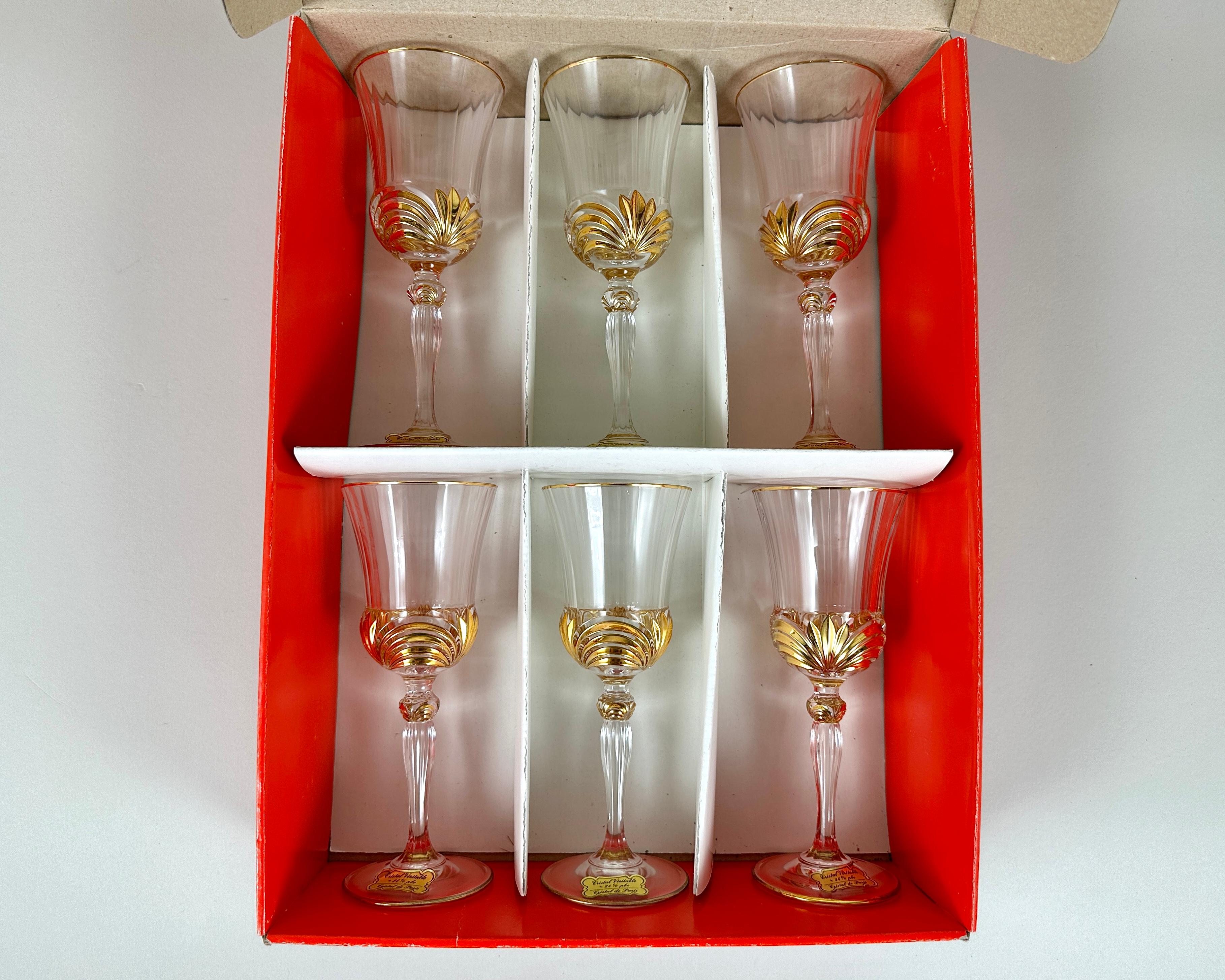Late 20th Century Vintage Crystal Wine Glasses 6 Pcs, Cristal de Paris Gold Trimmed New In Box For Sale