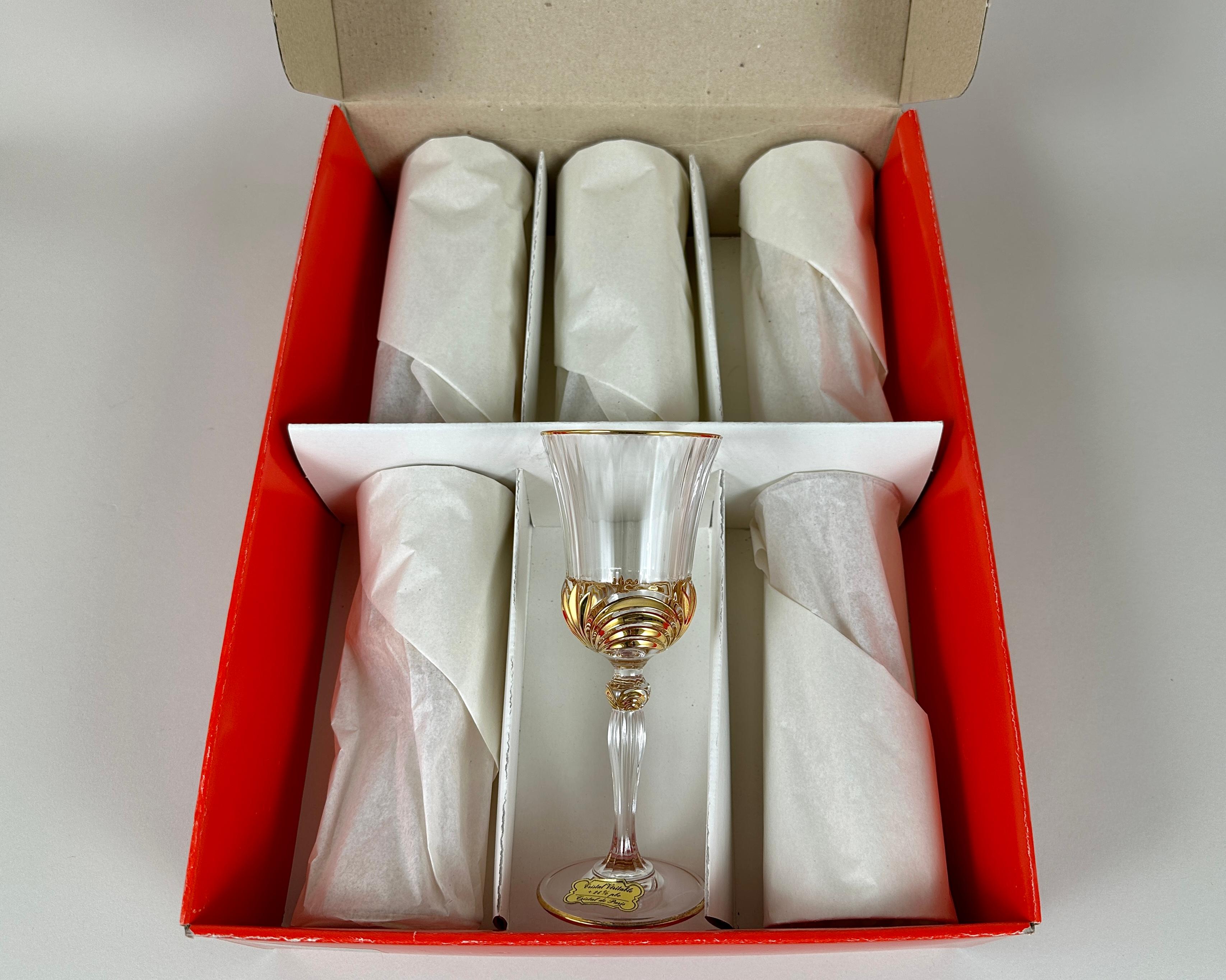 Vintage Crystal Wine Glasses 6 Pcs, Cristal de Paris Gold Trimmed New In Box For Sale 1