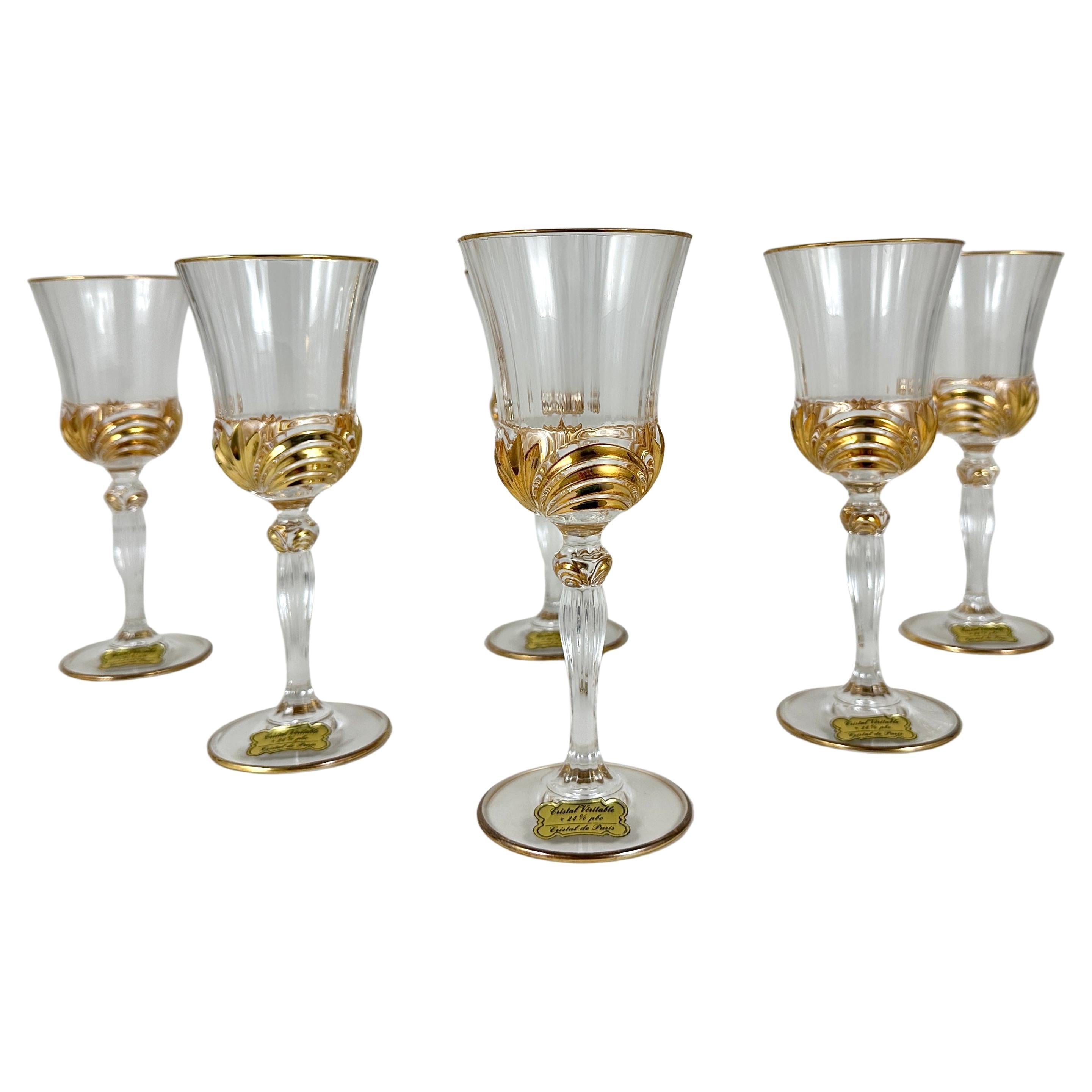 Vintage Crystal Wine Glasses 6 Pcs, Cristal de Paris Gold Trimmed New In Box For Sale