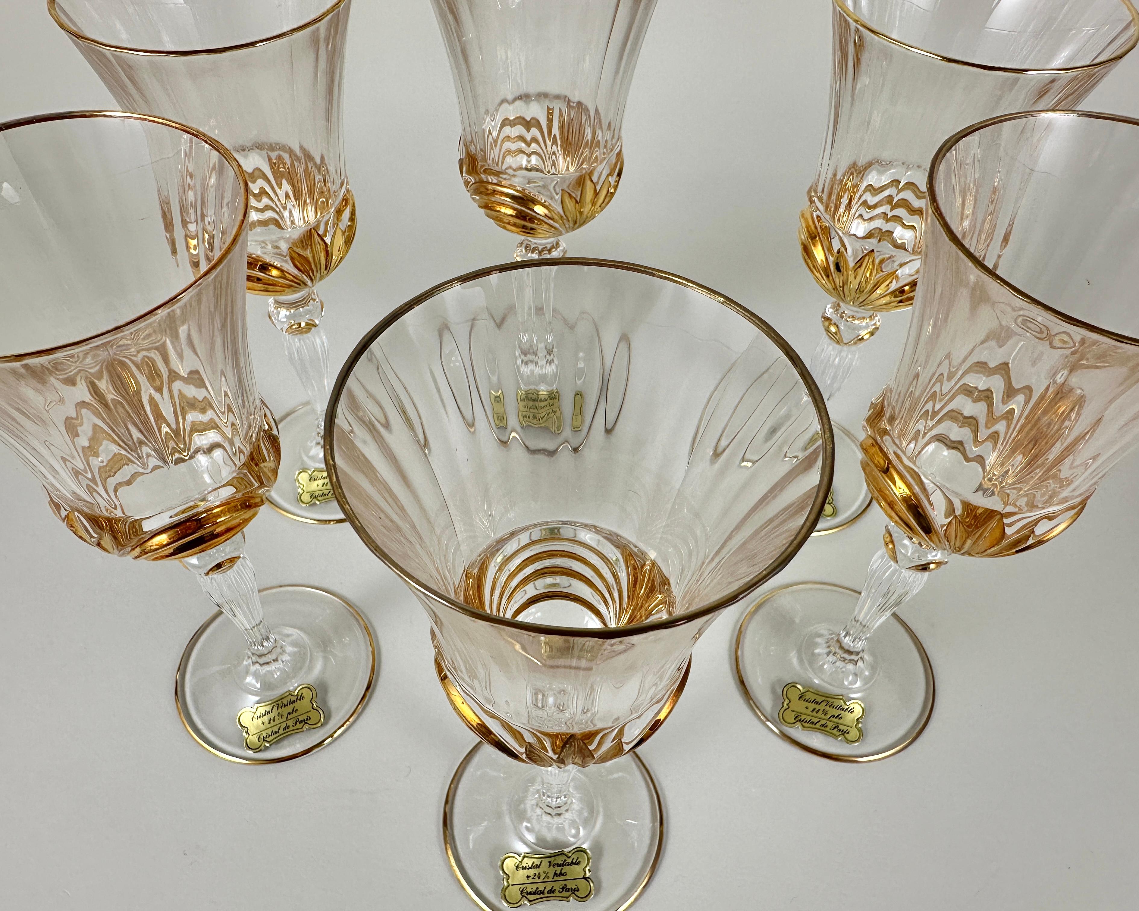 Francese Bicchieri da vino in cristallo vintage con doratura 6 pezzi, Cristal de Paris, nuovi in scatola in vendita