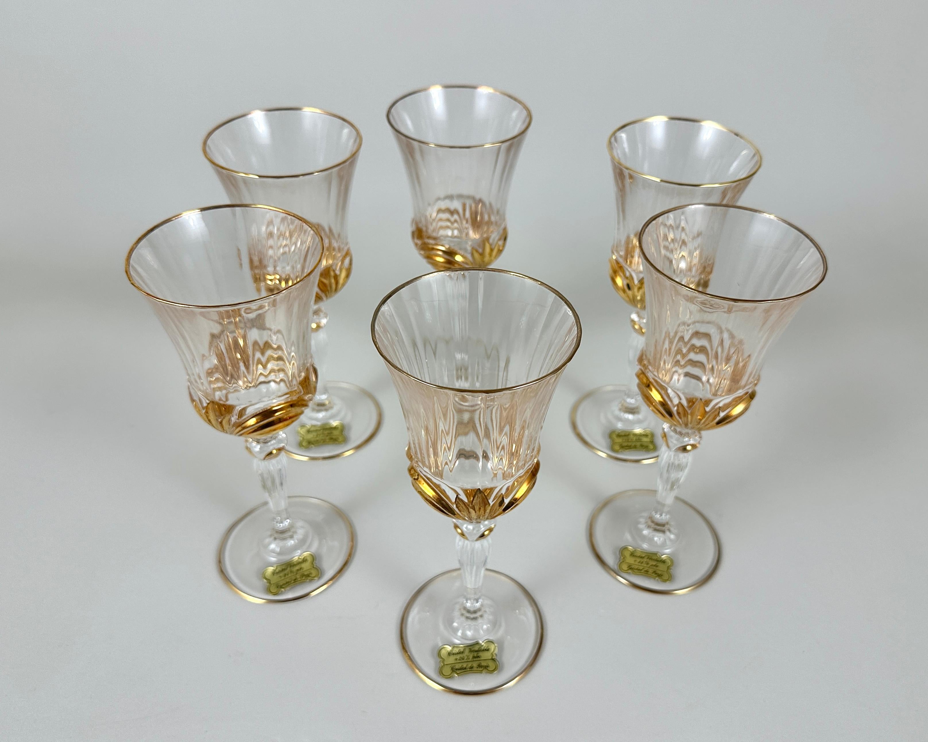 Cristallo Bicchieri da vino in cristallo vintage con doratura 6 pezzi, Cristal de Paris, nuovi in scatola in vendita