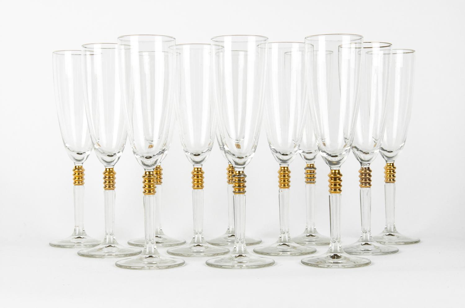 Mid-20th Century Vintage Crystal with Gold Design Champagne Flute Set of 12