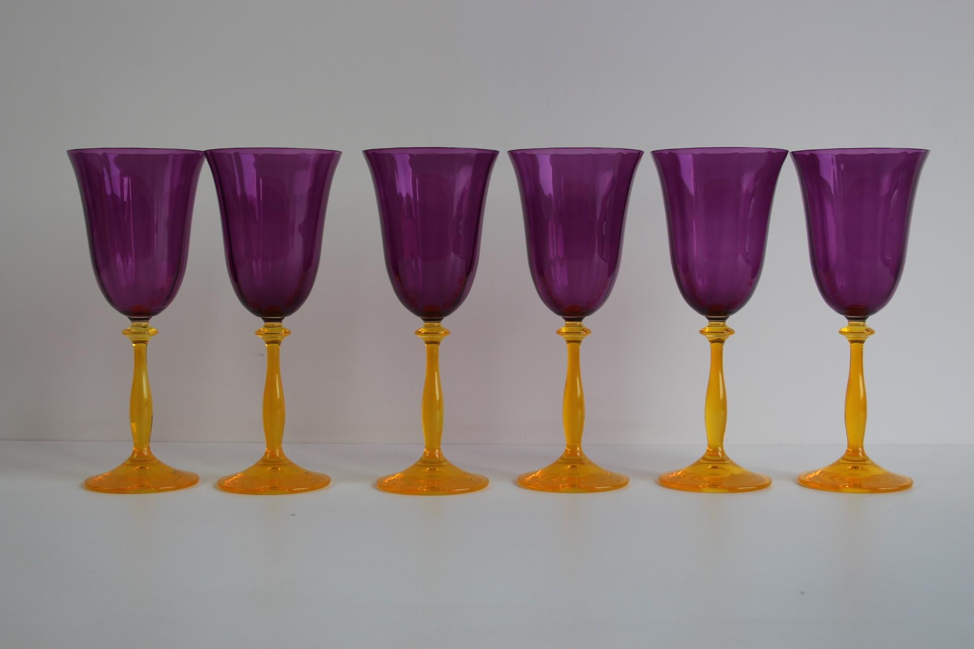 Post-Modern Vintage Crystalex Wine Glasses Set of 6 – Bohemian Glass, Czech Republic, 1990s For Sale