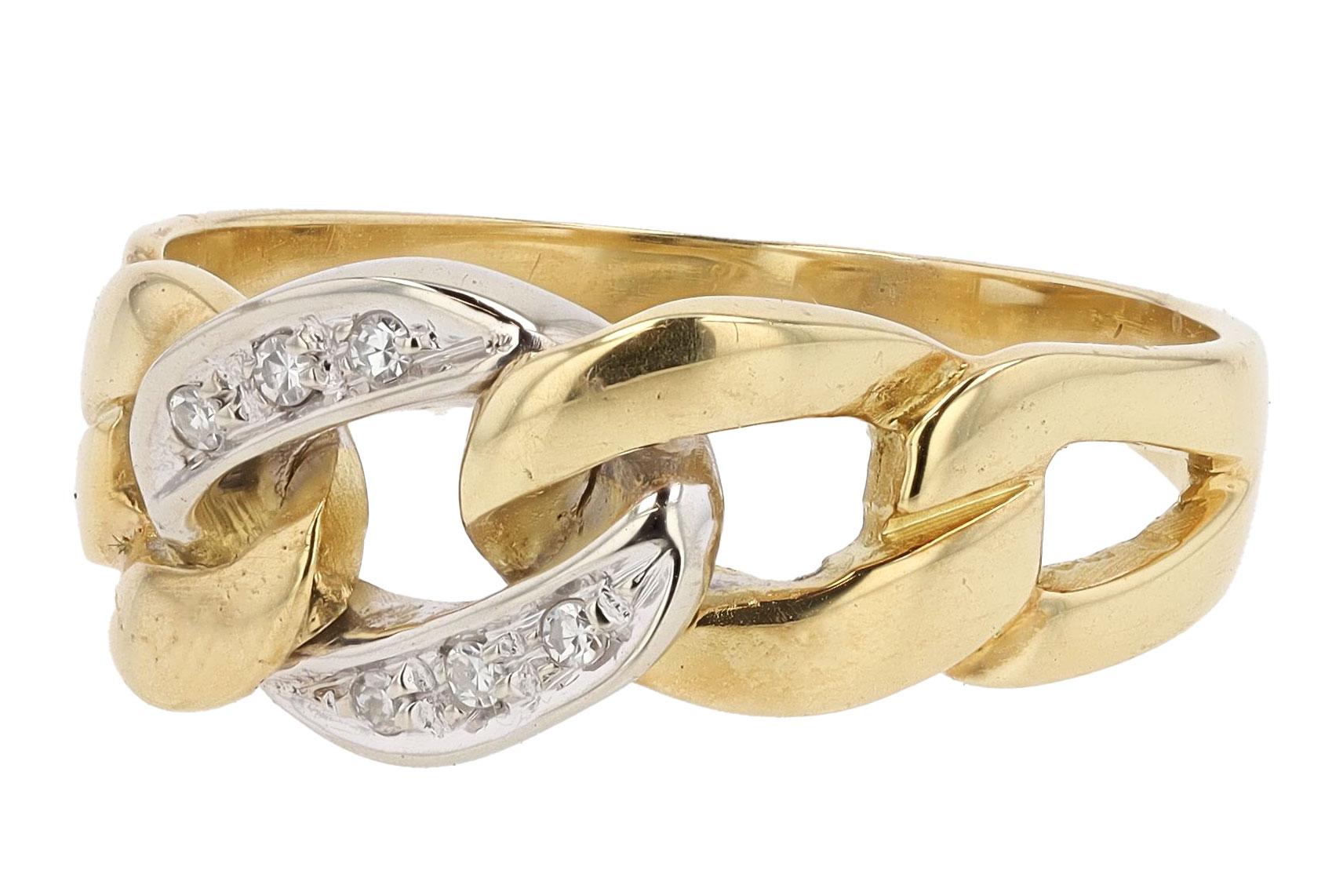 Expertly crafted with 18k white and yellow gold, this vintage stunner will be your favorite every day ring. Having a substantial 9mm width and sustainably crafted in a lovely cuban link design, featuring 6 near colorless natural diamonds. Own an