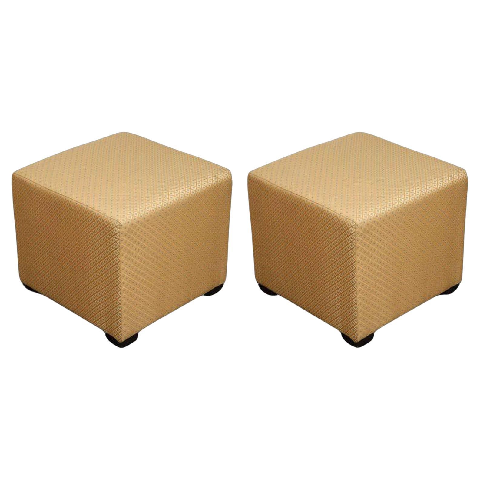 Vintage Cube Upholstered Stools Moroccan Ottomans, Poufs, a Pair