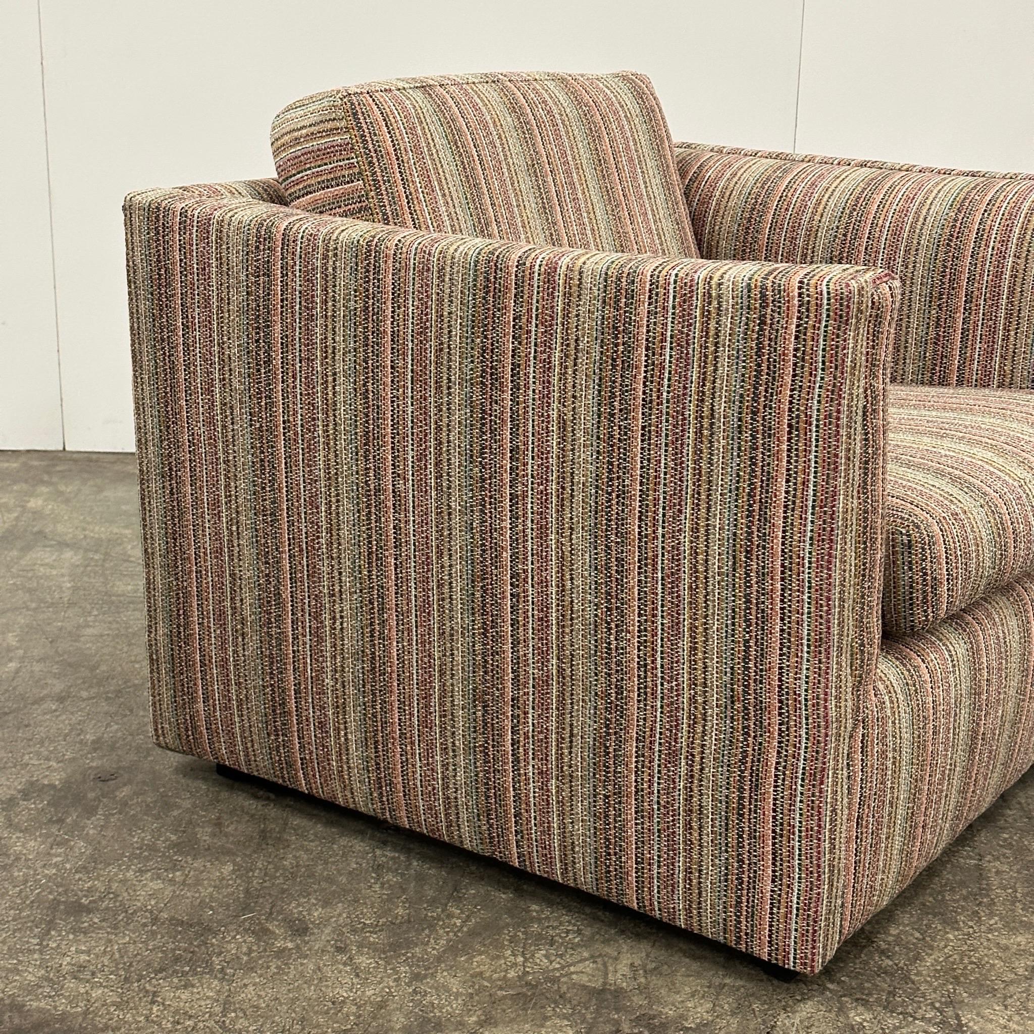 c. 1970s. Price is for the set. Contact us if you’d like to purchase a single item. Reupholstered in a woven fabric reminiscent of Missoni. Attributed to Milo Baughman.