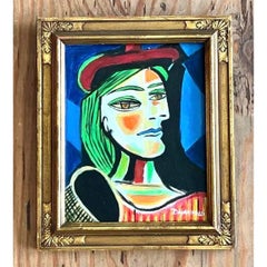 Vintage Cubist Figurative Oil on Board After Picasso
