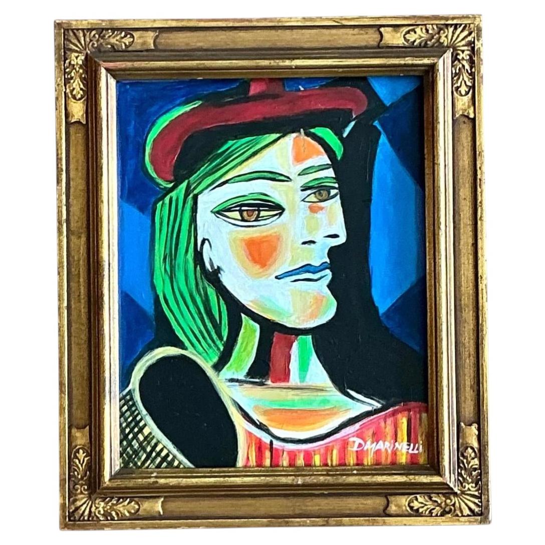 Vintage Cubist Figurative Oil on Board After Picasso