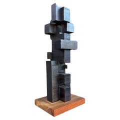 Vintage cubist wood signed sculpture by Dr. Graham, circa 1966