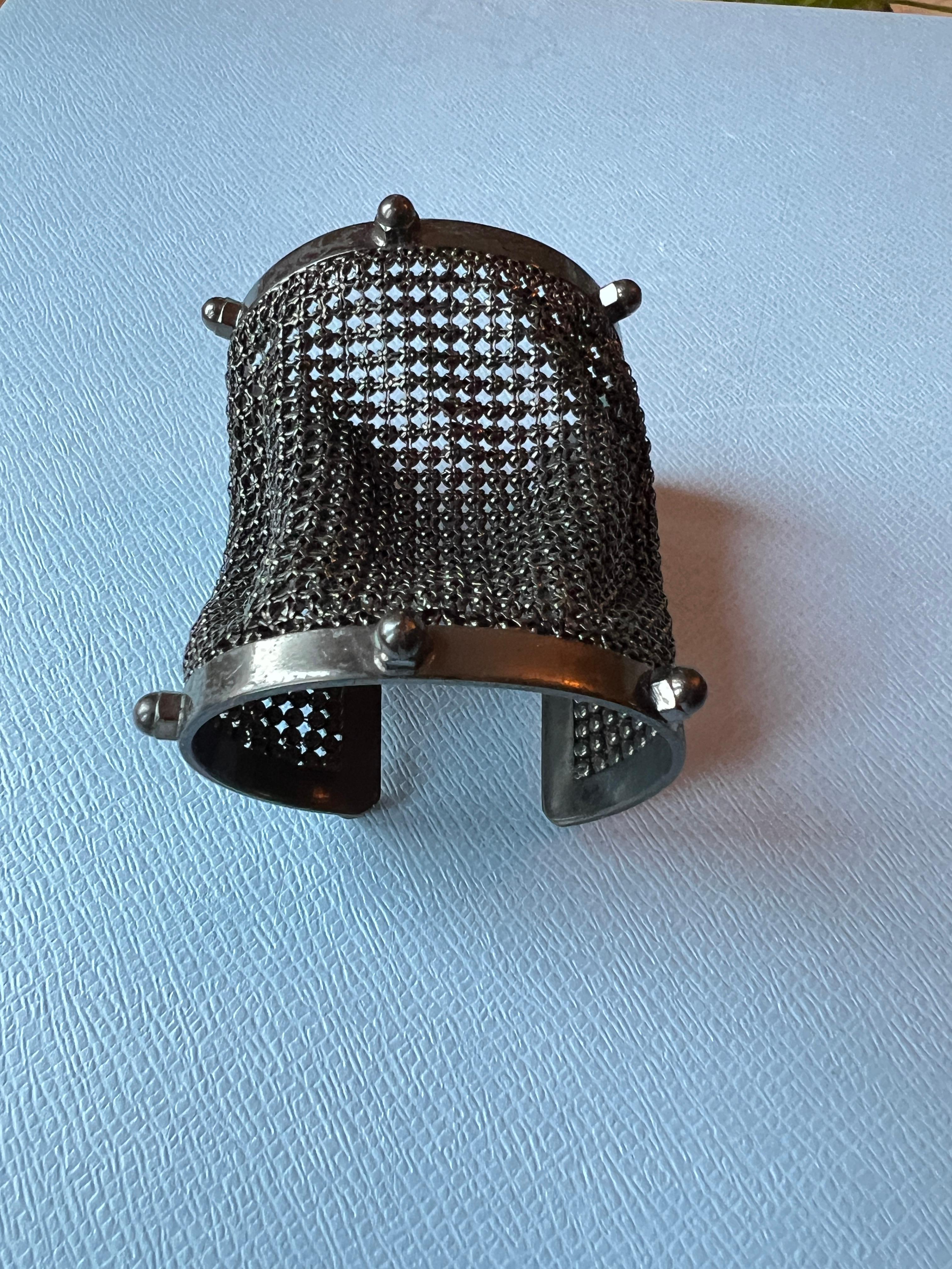 Modern Cuff Bracelet Mesh Gun Metal Rhodium Statement Piece For Sale
