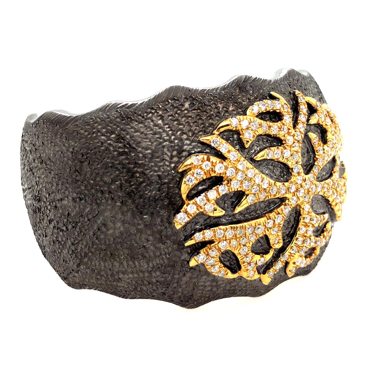 Art Nouveau Slip On Cuff With Diamonds & Gold Motif Made in 18k Gold & Silver For Sale