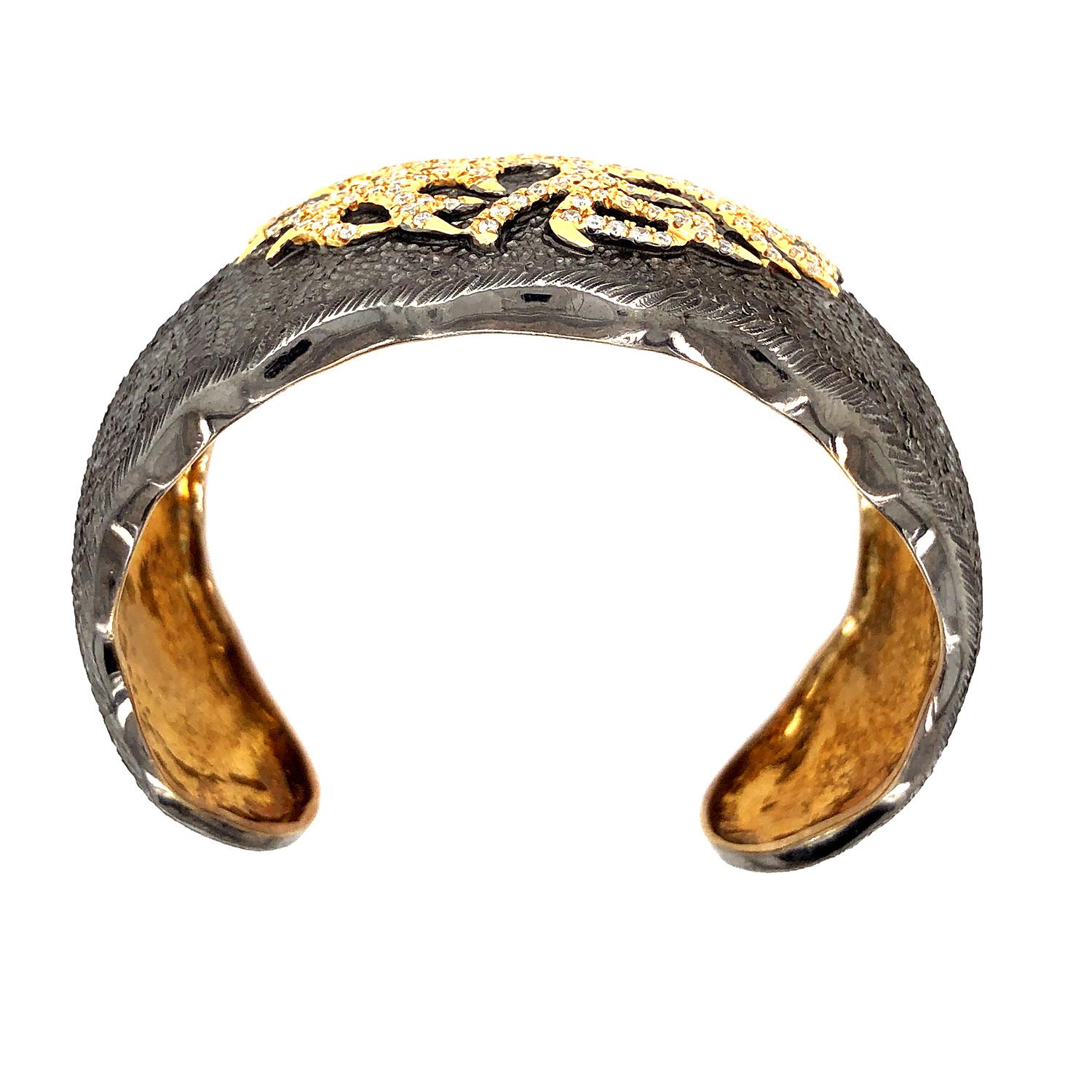 Mixed Cut Slip On Cuff With Diamonds & Gold Motif Made in 18k Gold & Silver For Sale