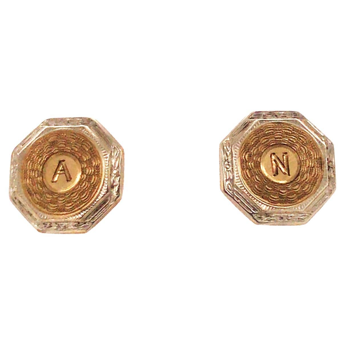 Vintage Cufflinks Hand Engraved Monogrammed White & Yellow Gold Antique Art Deco