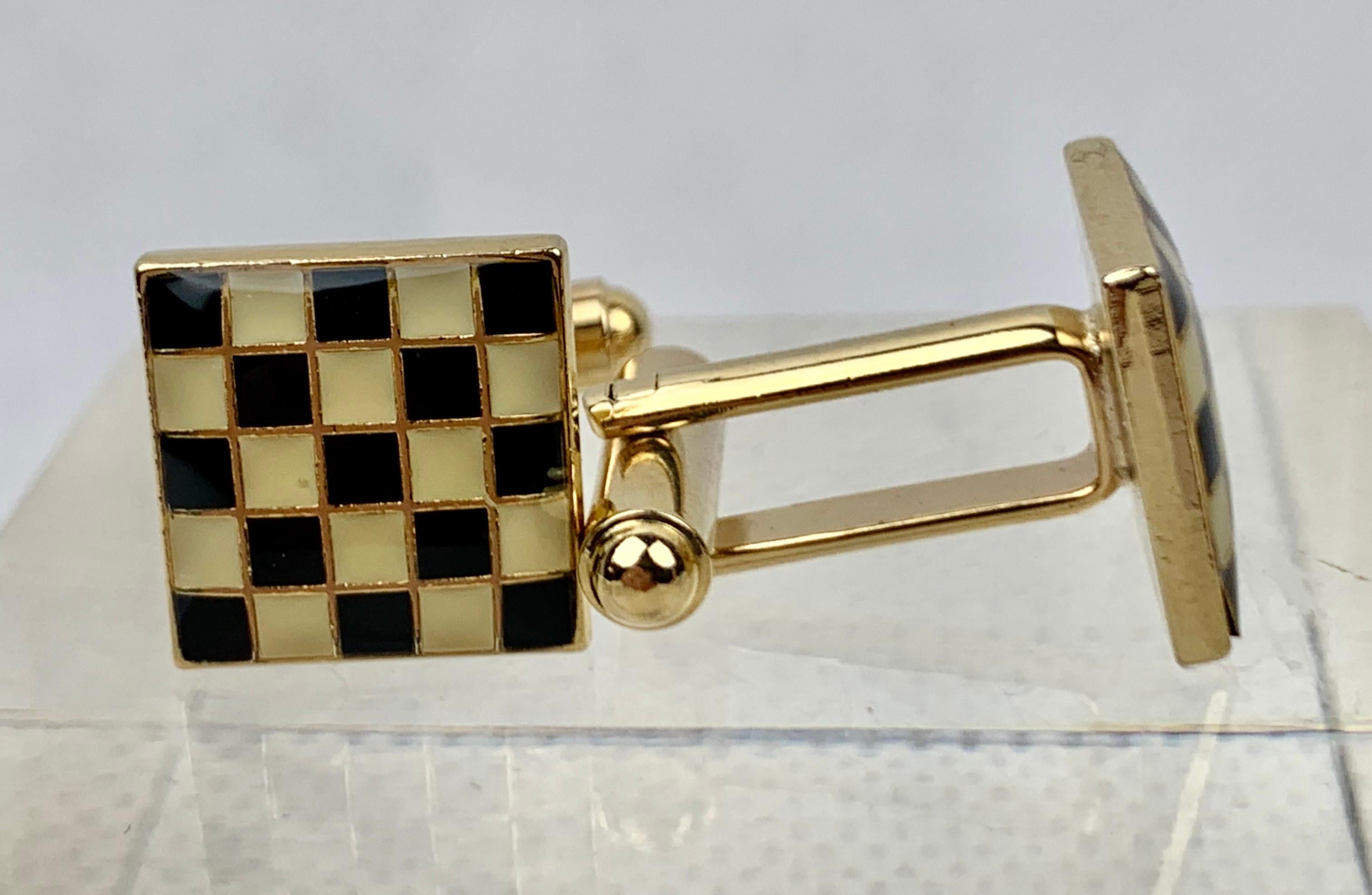 Modern Checkerboard Patterned Gold Filled Cufflinks-High Fired Black & Cream Enamel 