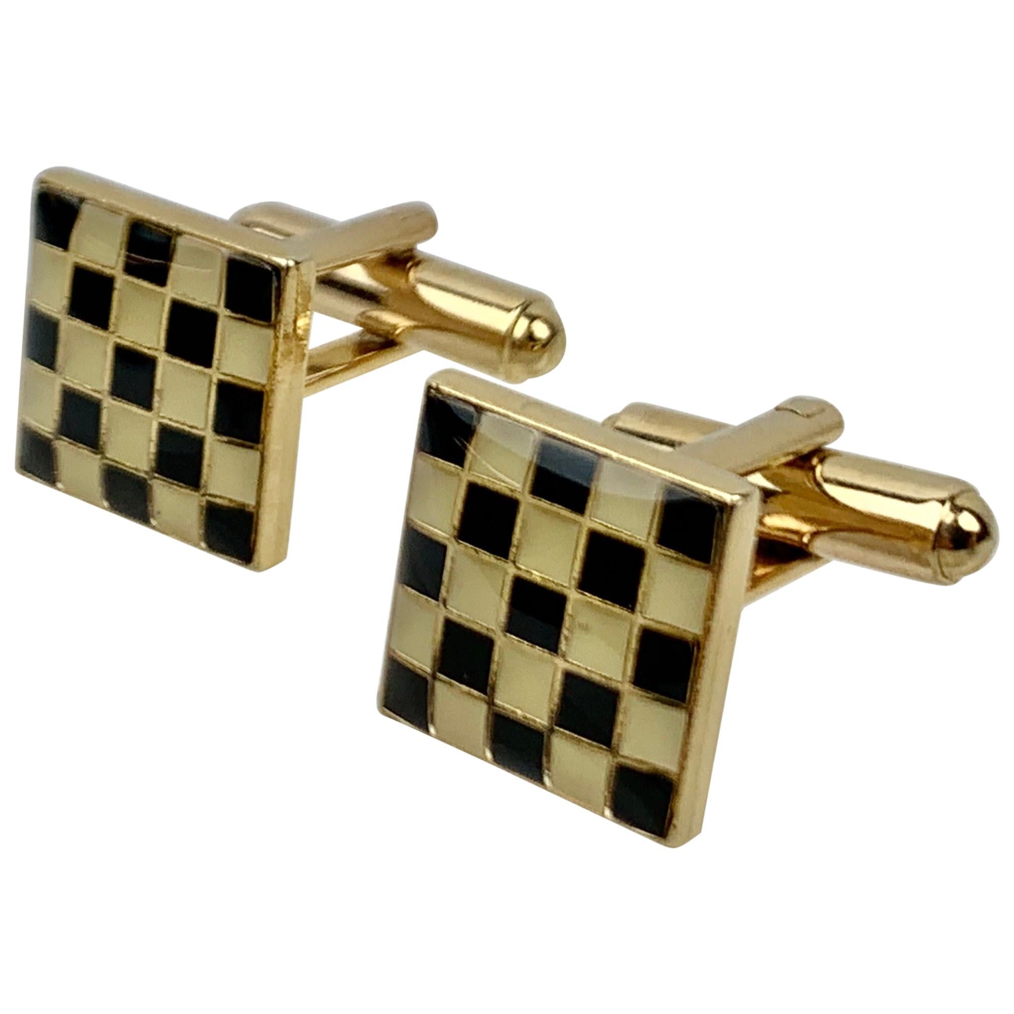 Checkerboard Patterned Gold Filled Cufflinks-High Fired Black & Cream Enamel 