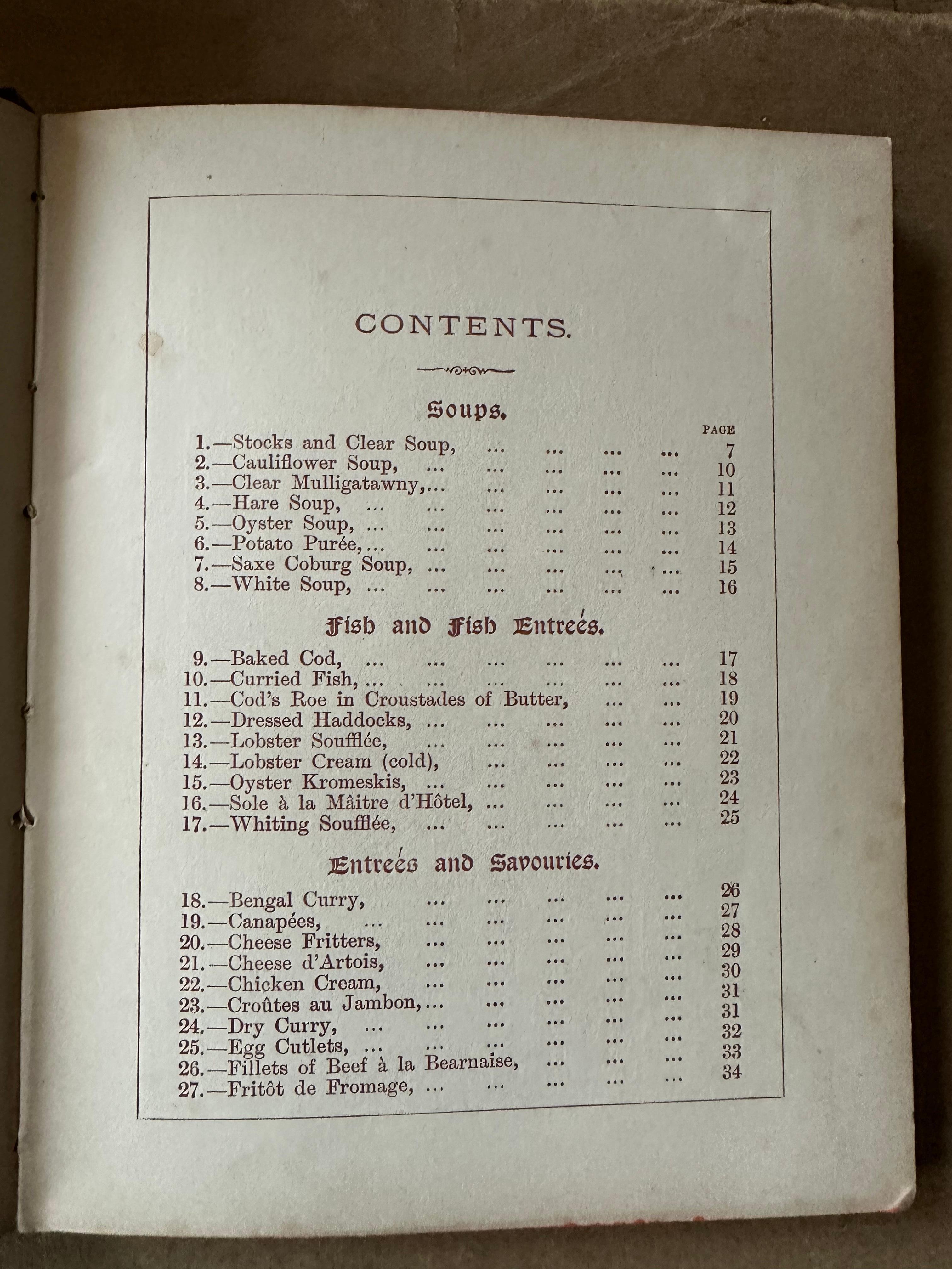 Title: **Superior Cookery Recipes**

Issued by: Glasgow School of Cookery

Printer: N. Adshead, Glasgow

Year of Publication: 1888
Size: Small 4to
Page Count: 64 pages
Printing Features: Printed in maroon throughout
Binding: Publisher's blue cloth