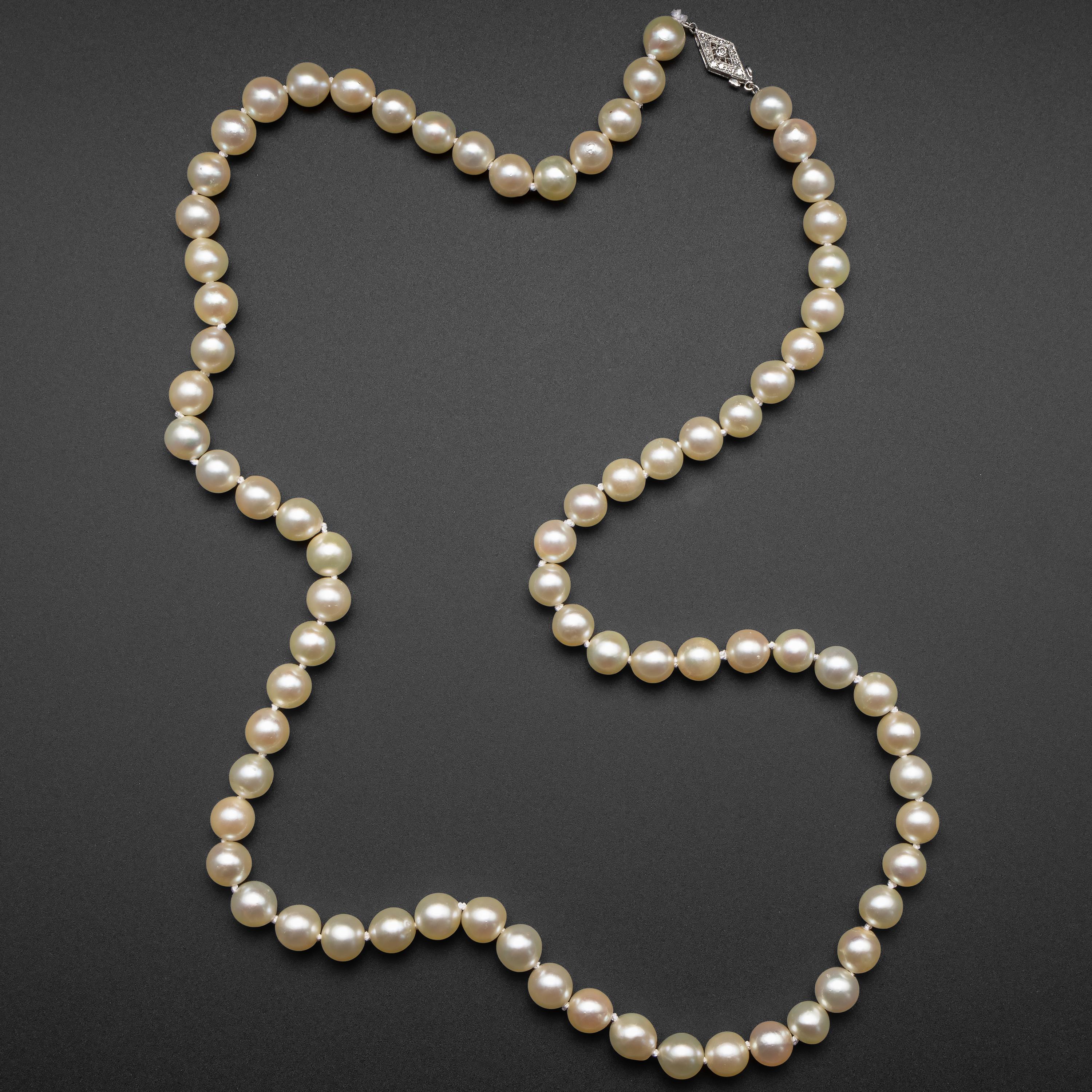 This 1940's necklace is composed of seventy-five luminous cultured Akoya pearls measuring approximately 7.72mm - 8.52mm. The pearls are not graduated because their sizes are so similar; the effect is that of a unified strand of 8mm cultured pearls.