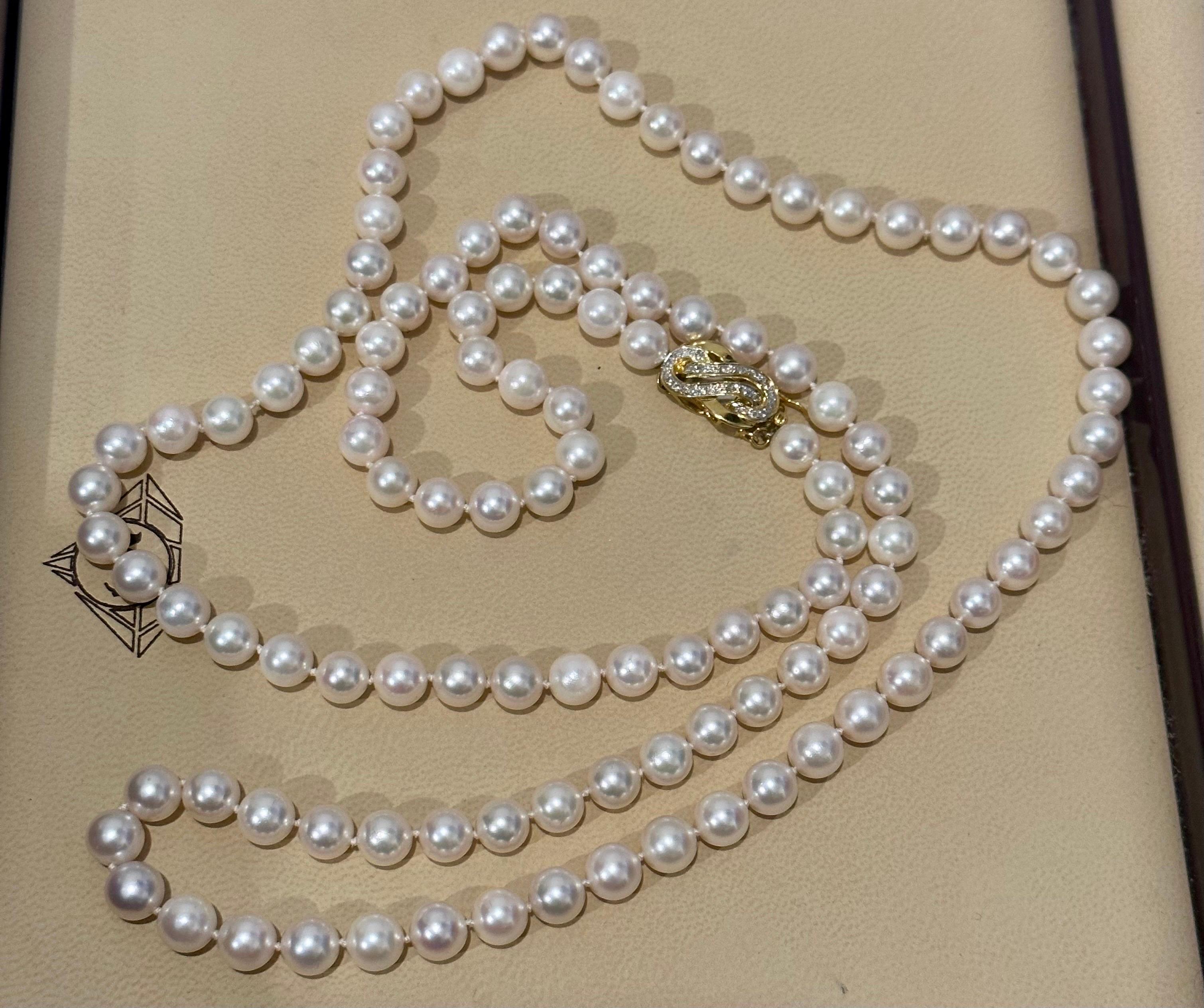 Vintage Cultured Akoya Pearl Strand Necklace Opera Length with Diamond Clasp For Sale 2