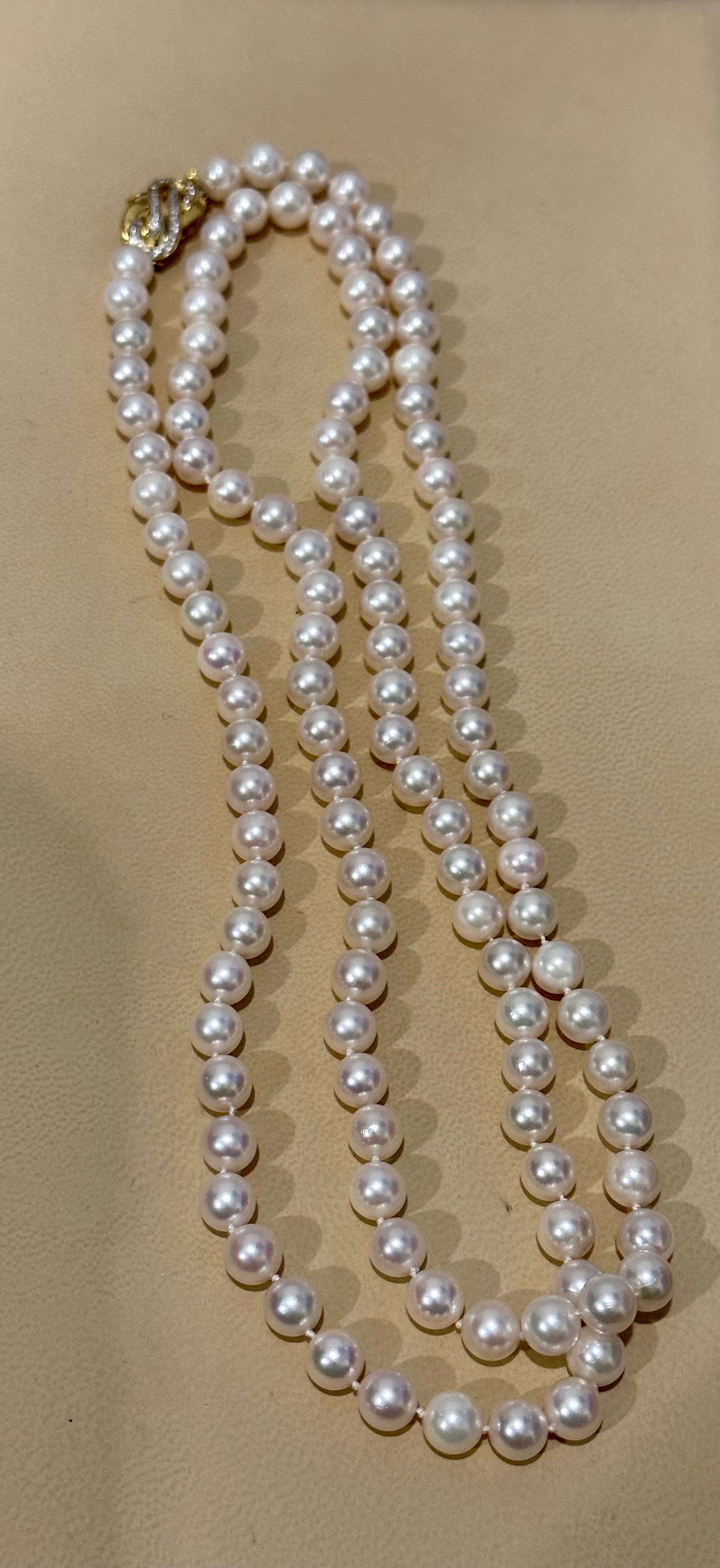 Vintage Cultured Akoya Pearl Strand Necklace Opera Length with Diamond Clasp For Sale 3