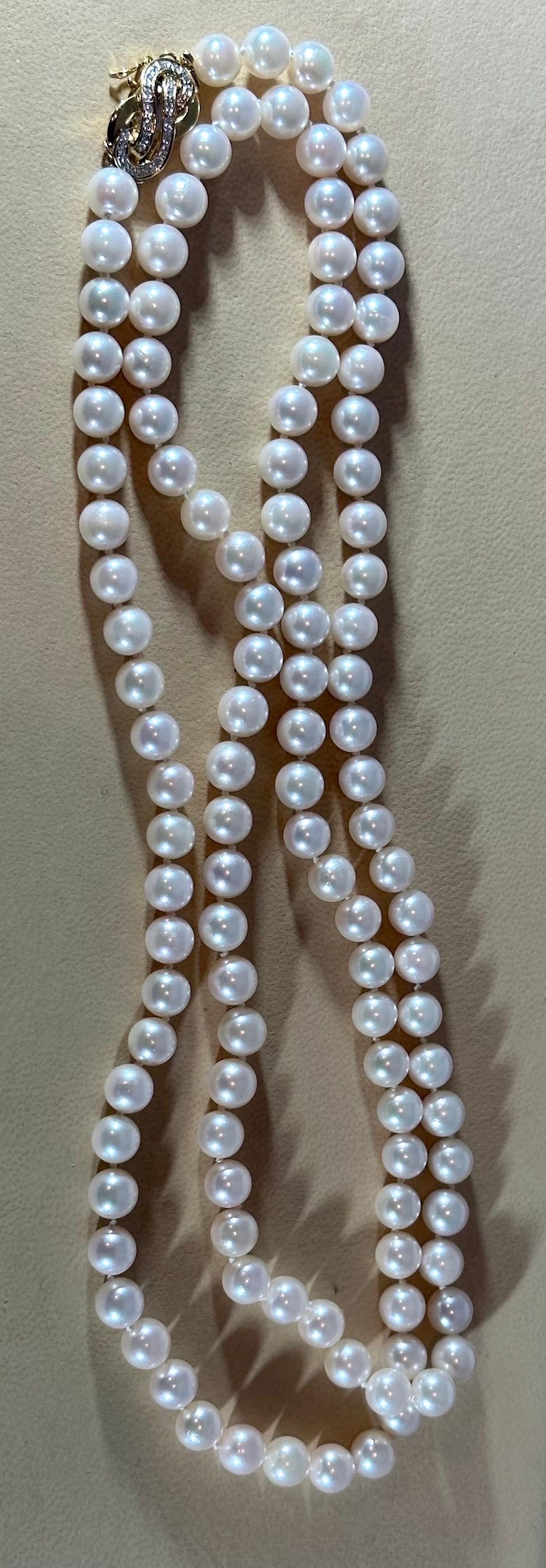 Vintage Cultured Akoya Pearl Strand Necklace Opera Length with Diamond Clasp For Sale 5