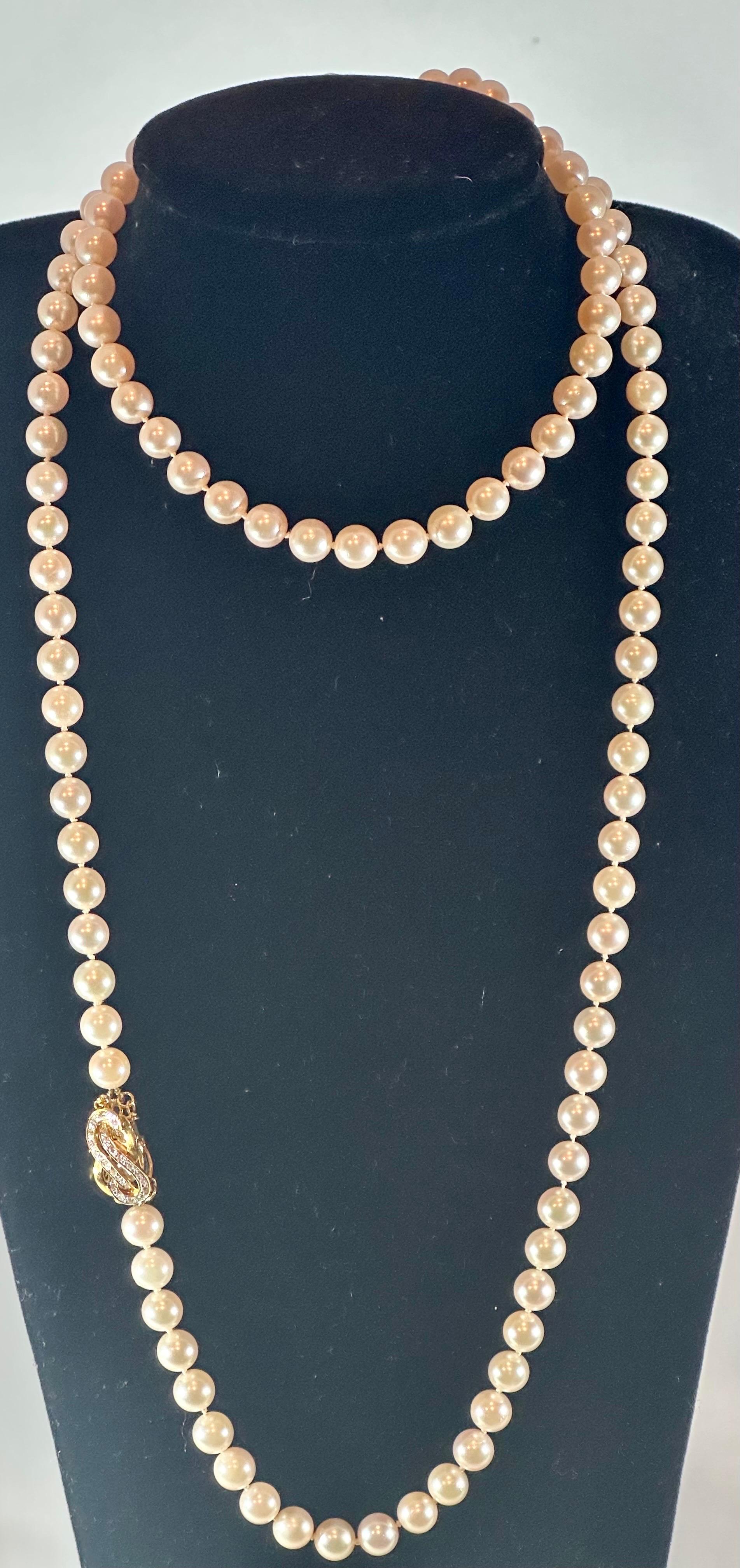 Vintage Cultured Akoya Pearl Strand Necklace Opera Length with Diamond Clasp For Sale 6