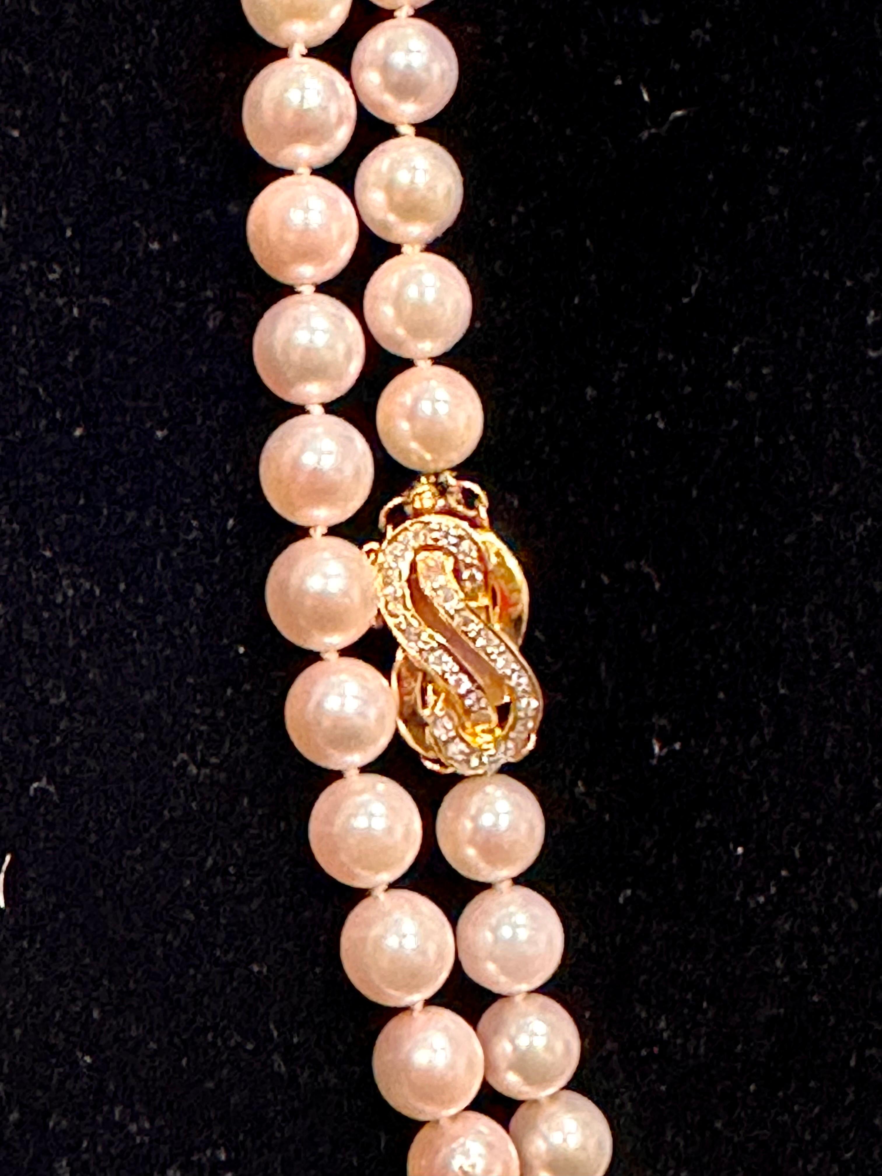 Vintage Cultured Akoya Pearl Strand Necklace Opera Length with Diamond Clasp For Sale 7
