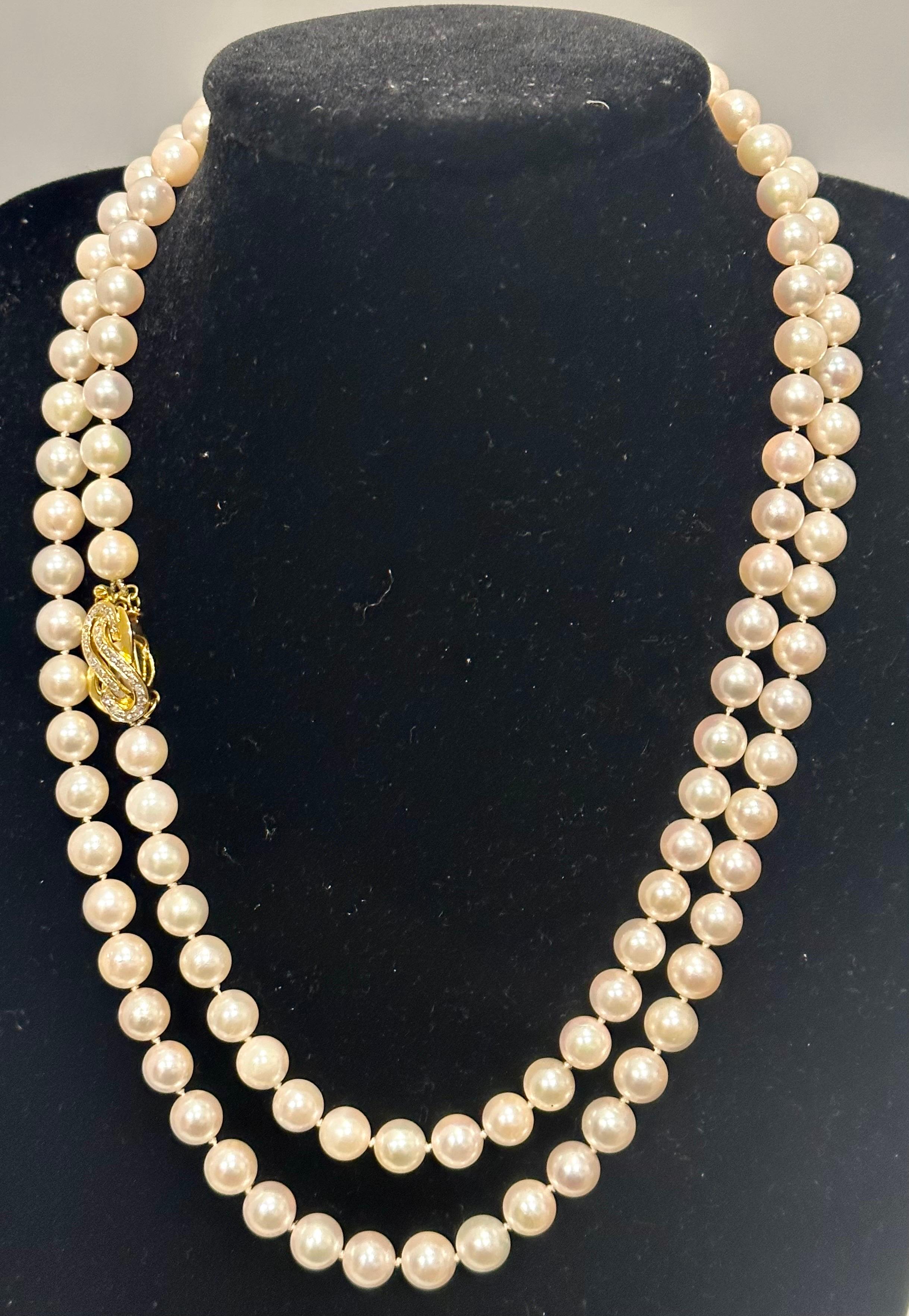 Vintage Cultured Akoya Pearl Strand Necklace Opera Length with Diamond Clasp For Sale 8