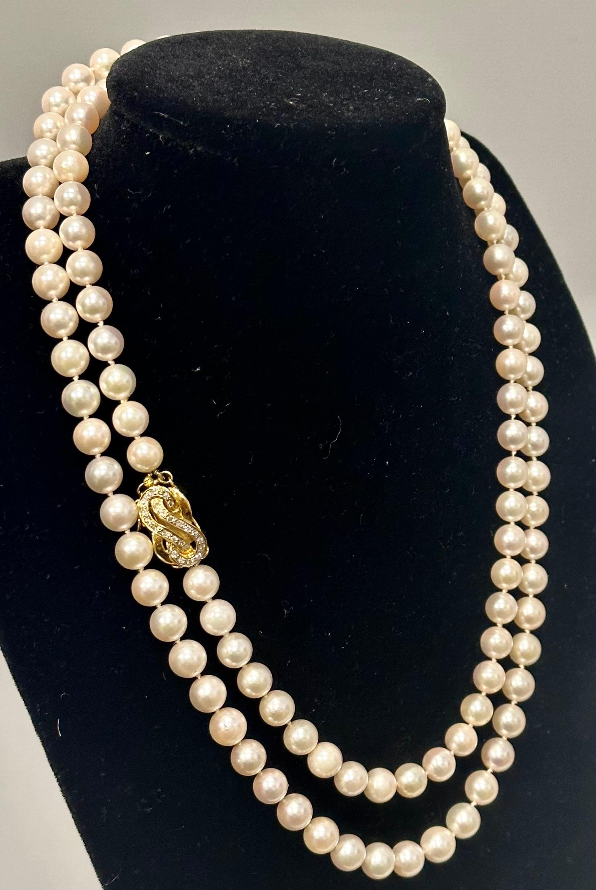 Vintage Cultured Akoya Pearl Strand Necklace Opera Length with Diamond Clasp For Sale 9