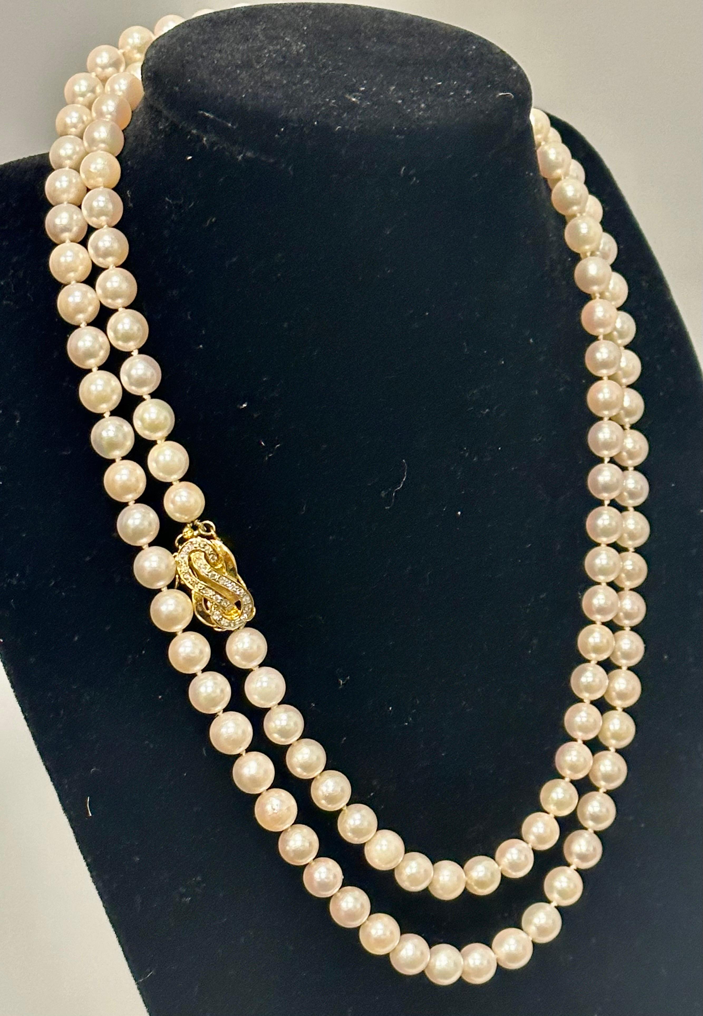 Vintage Cultured Akoya Pearl Strand Necklace Opera Length with Diamond Clasp For Sale 10
