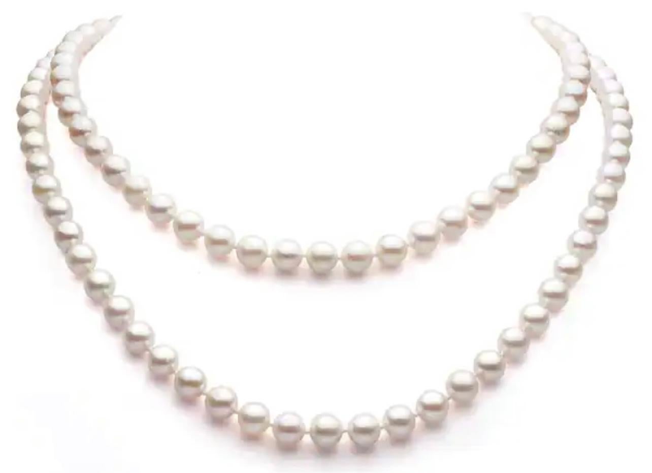 Round Cut Vintage Cultured Akoya Pearl Strand Necklace Opera Length with Diamond Clasp For Sale