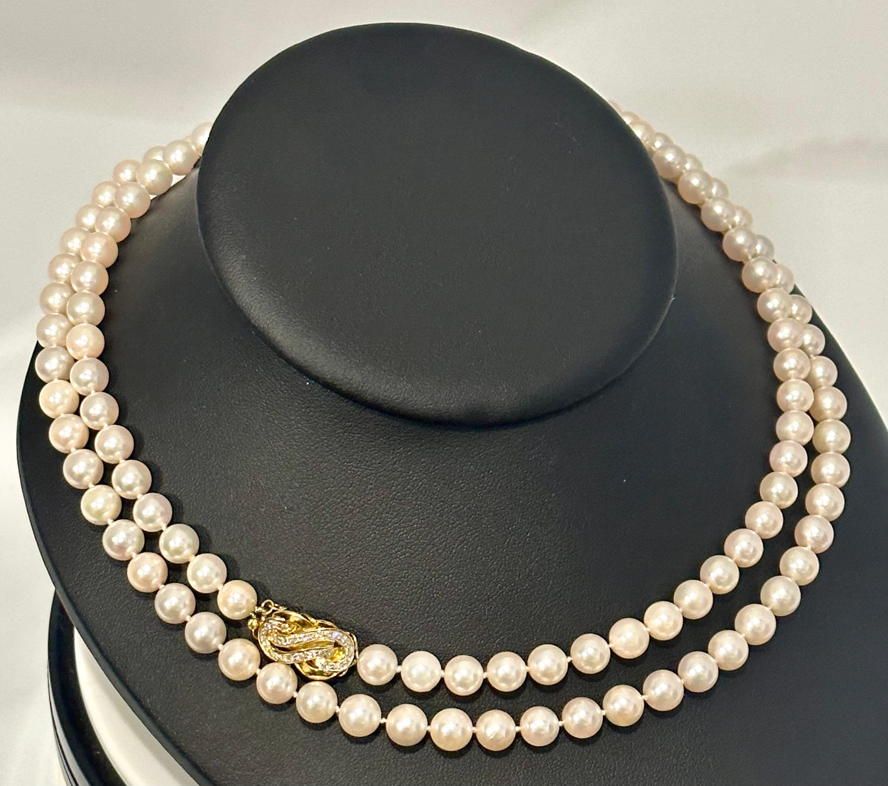 Vintage Cultured Akoya Pearl Strand Necklace Opera Length with Diamond Clasp In Excellent Condition For Sale In New York, NY