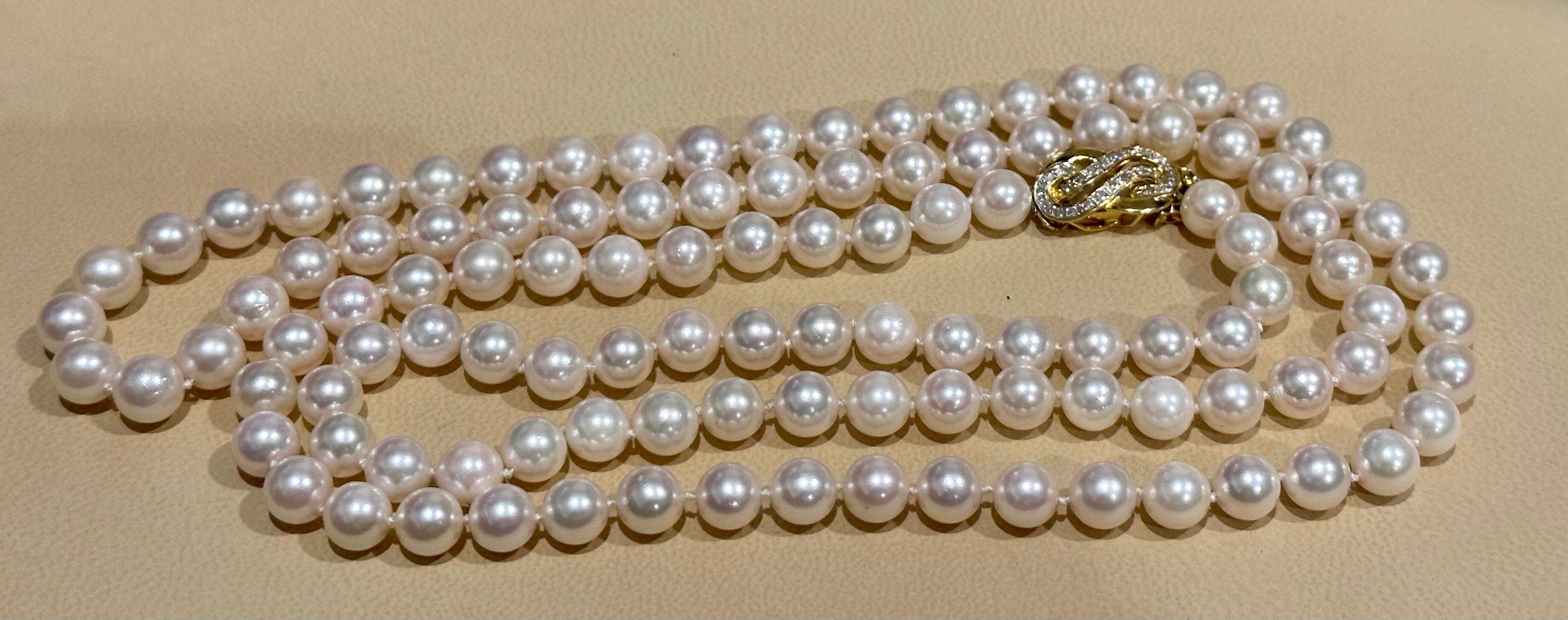 Women's Vintage Cultured Akoya Pearl Strand Necklace Opera Length with Diamond Clasp For Sale