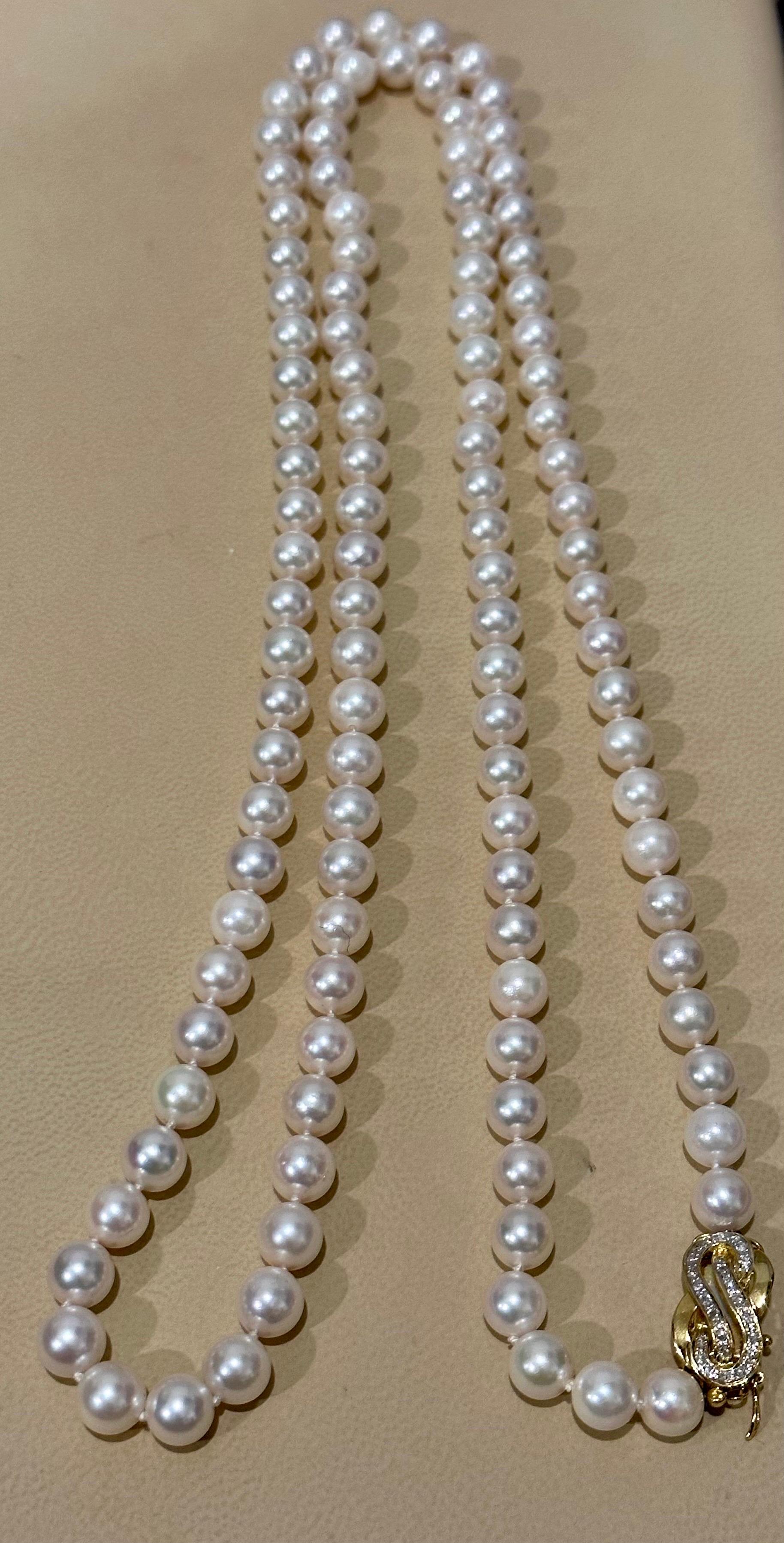 Vintage Cultured Akoya Pearl Strand Necklace Opera Length with Diamond Clasp For Sale 1