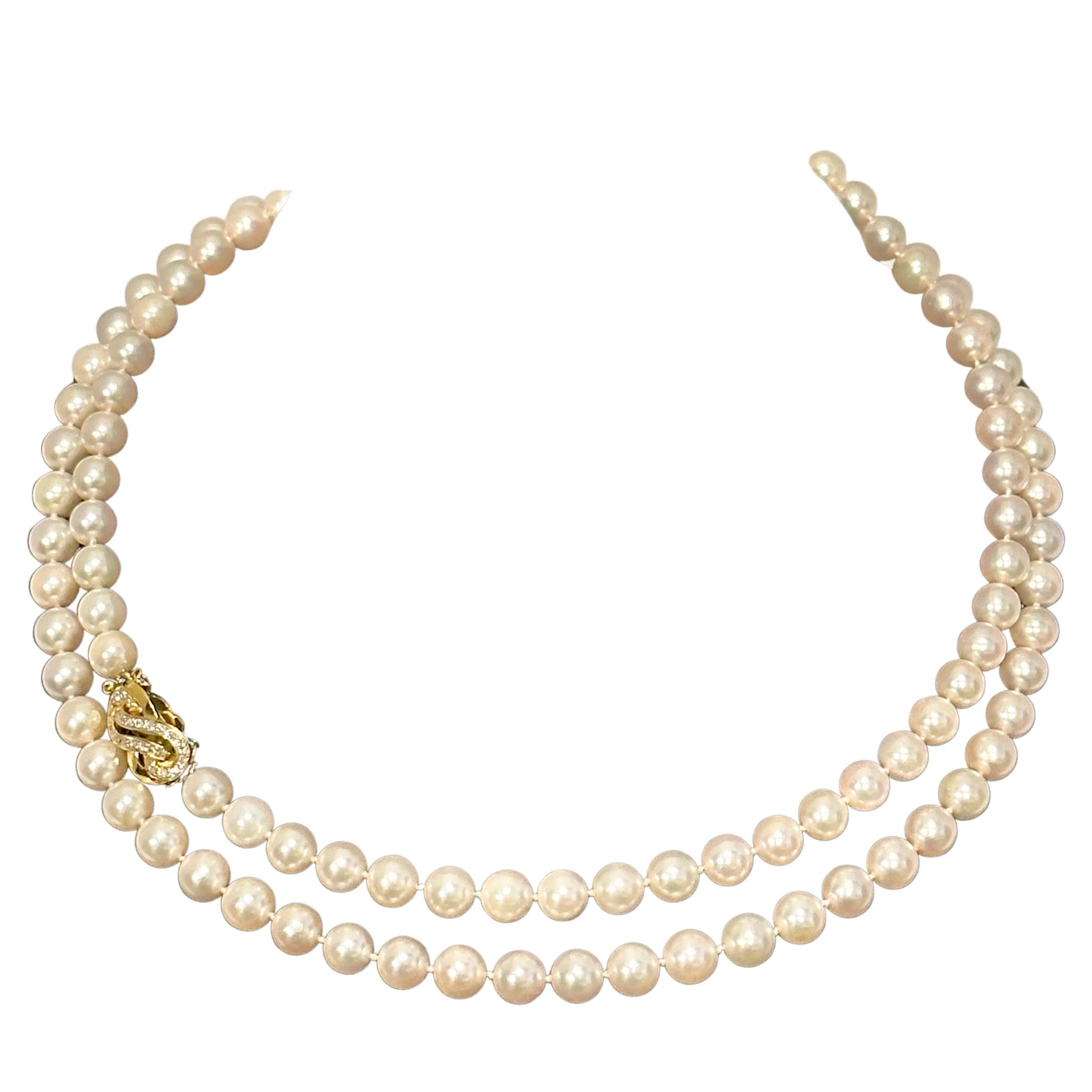 Vintage Cultured Akoya Pearl Strand Necklace Opera Length with Diamond Clasp For Sale