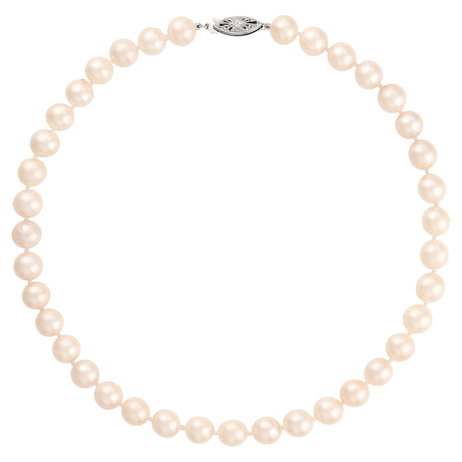 Vintage Cultured Japanese PEARL 8-8.5mm Strand 17" NECKLACE 14K White Gold  For Sale