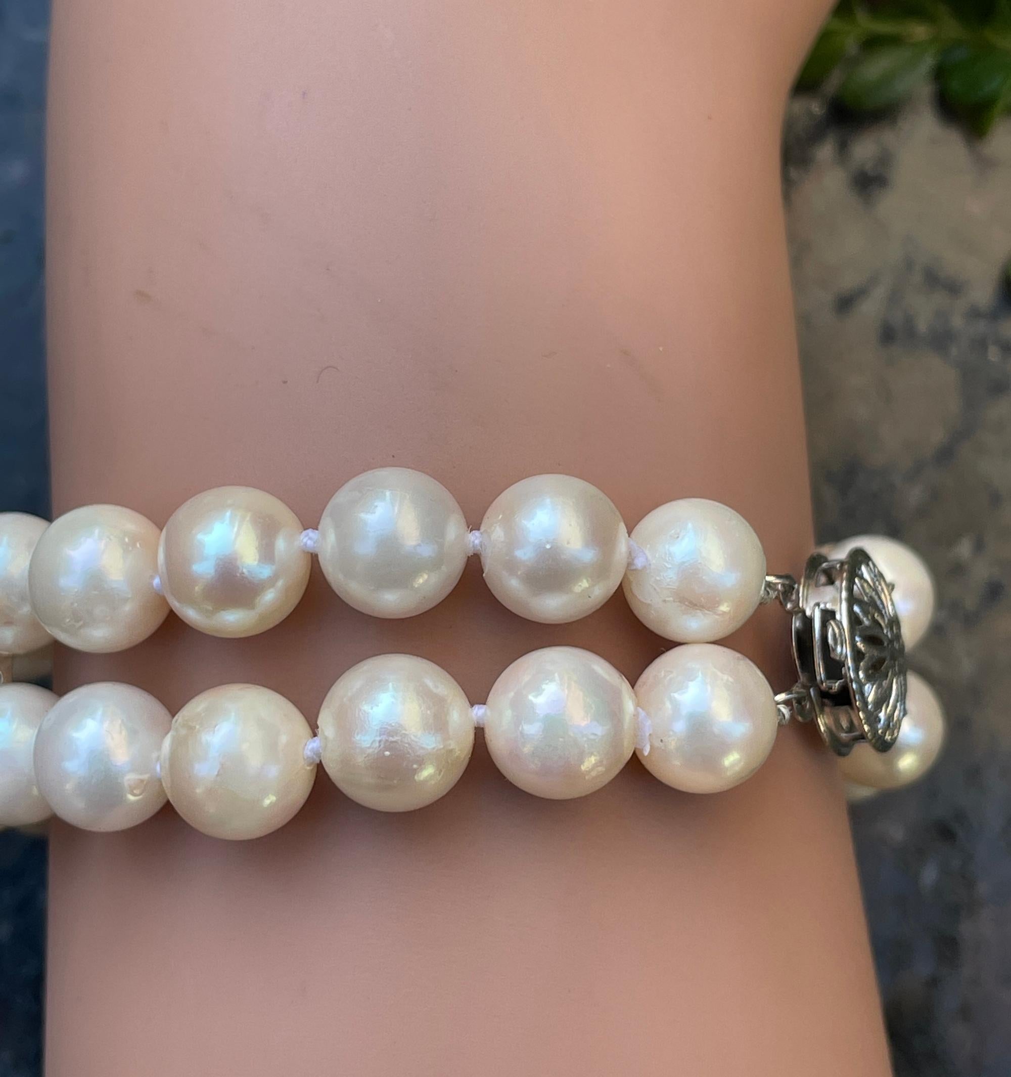 Vintage Cultured Japanese Pearl Double Strand Bracelet 14k WG For Sale 6