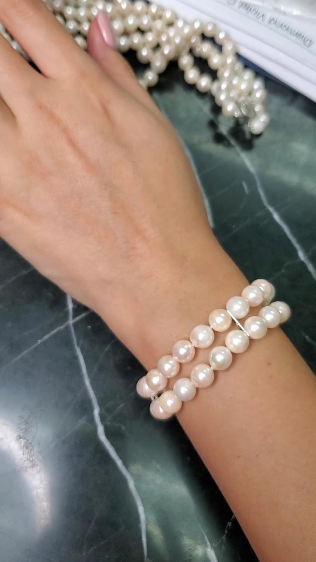 Bracelet à double rang de perles de culture japonaise 14 carats WG en vente 9