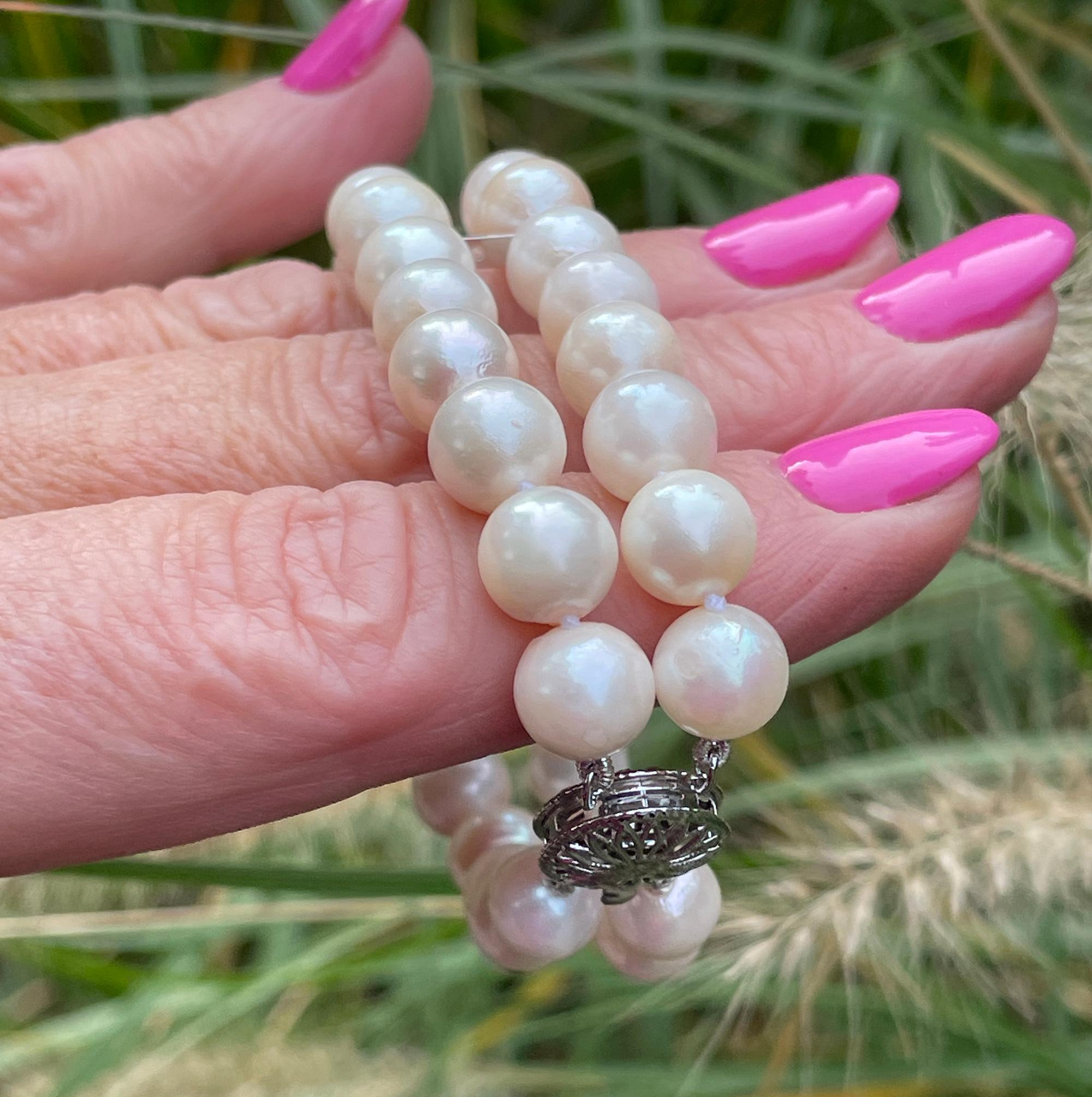Bracelet à double rang de perles de culture japonaise 14 carats WG Pour femmes en vente