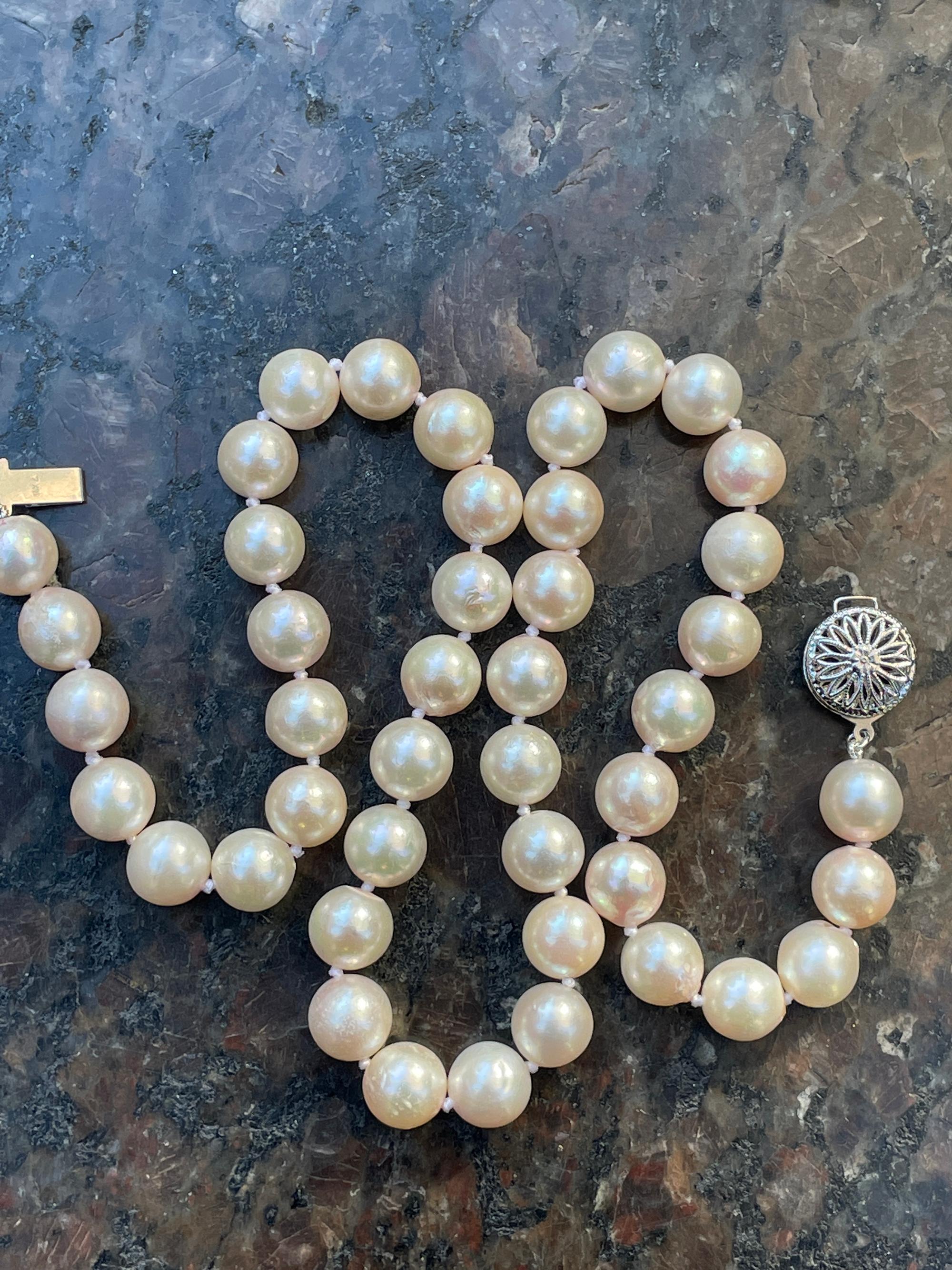 Vintage Cultured Japanese PEARL 9.20mm Strand NECKLACE 14K White Gold 2