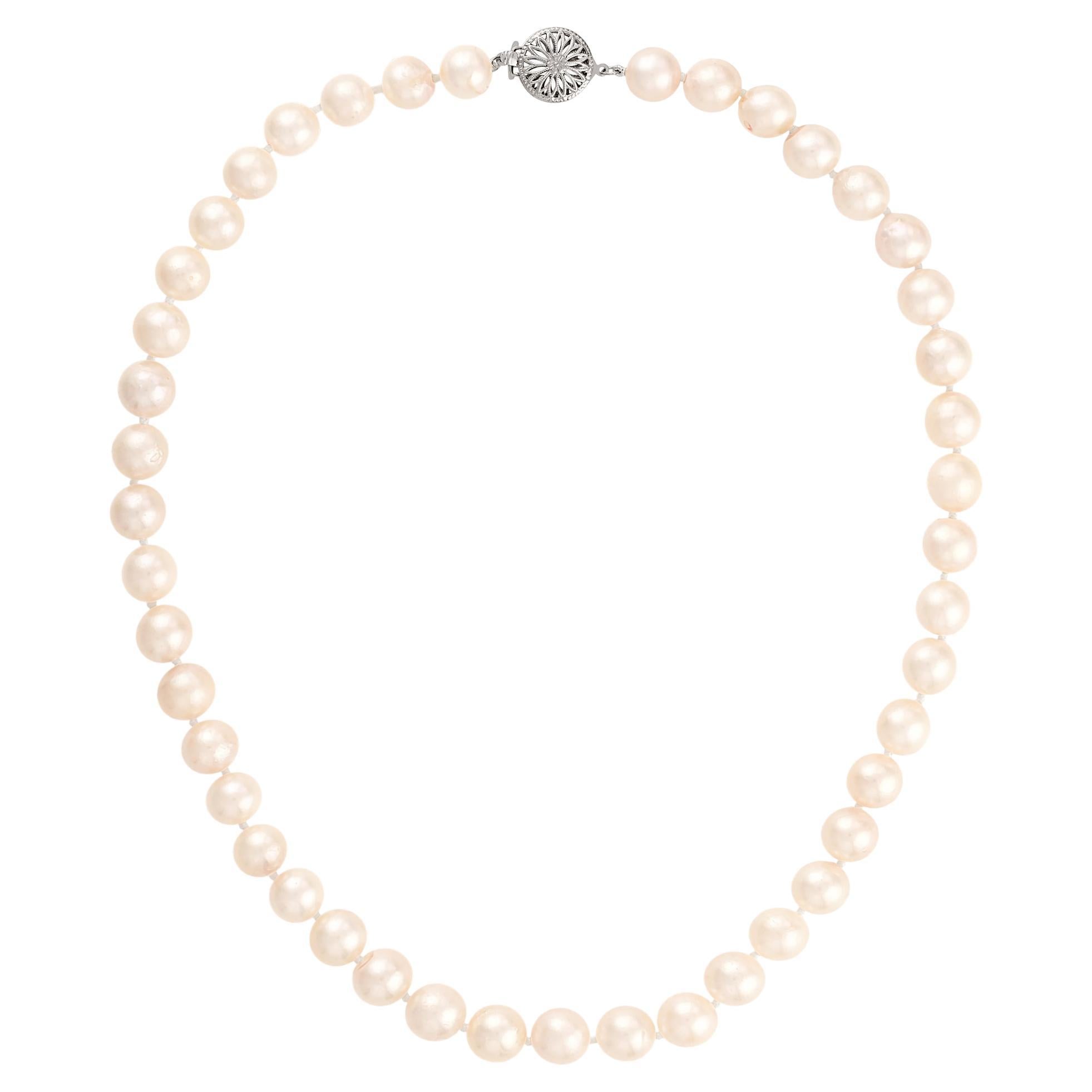 Vintage Cultured Japanese PEARL 9.20mm Strand NECKLACE 14K White Gold