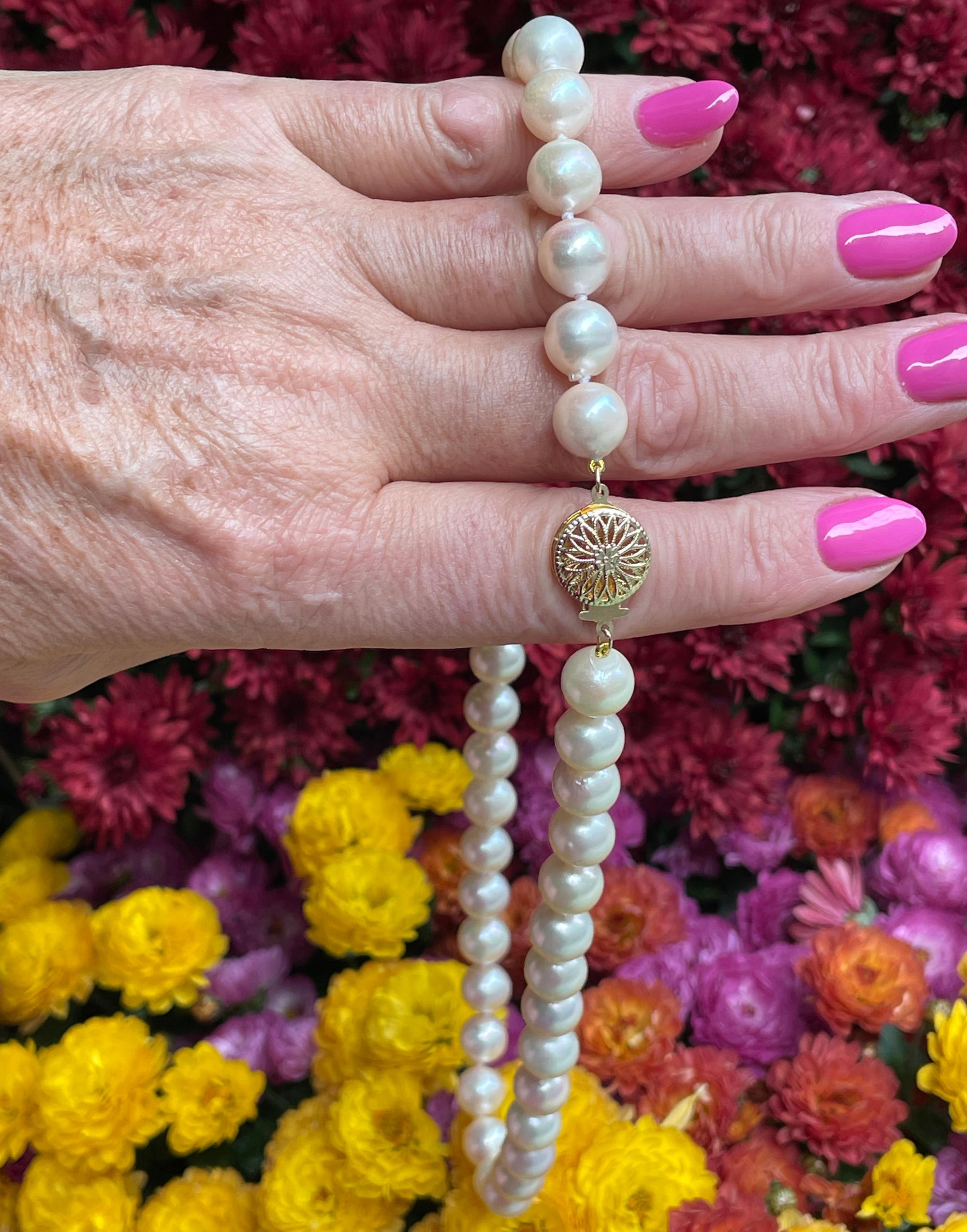 Collier de culture vintage en or 14 carats avec perles blanches japonaises de 9,5 mm Pour femmes en vente