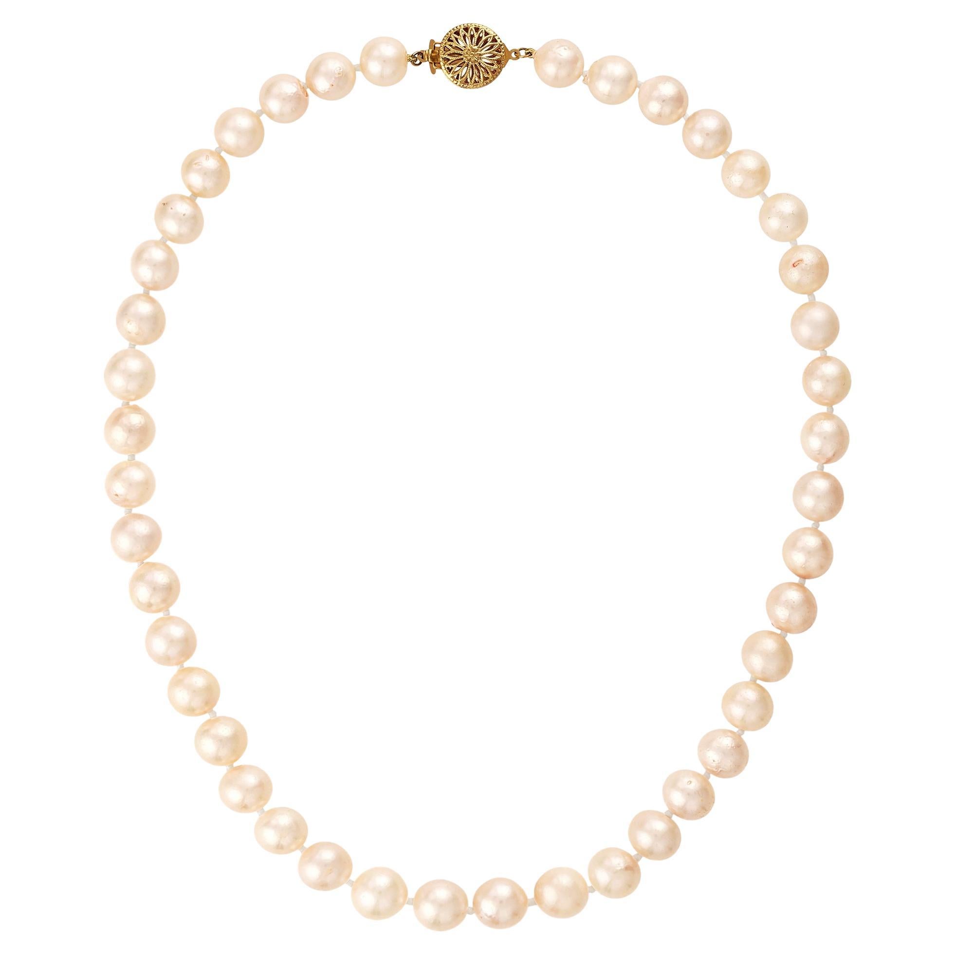 Vintage Cultured 9.5mm Japanese White Pearl 17.5" Strand Necklace 14k YG For Sale