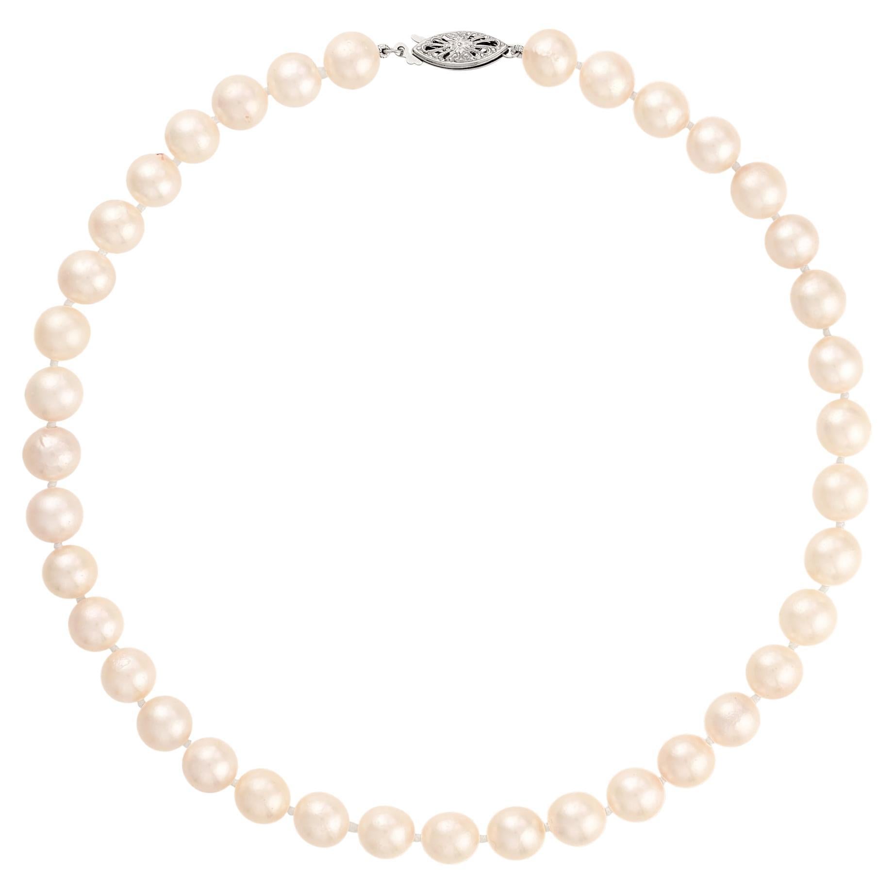 Vintage Cultured Japanese PEARL 9mm Strand 16" NECKLACE 14K White Gold Fishhook